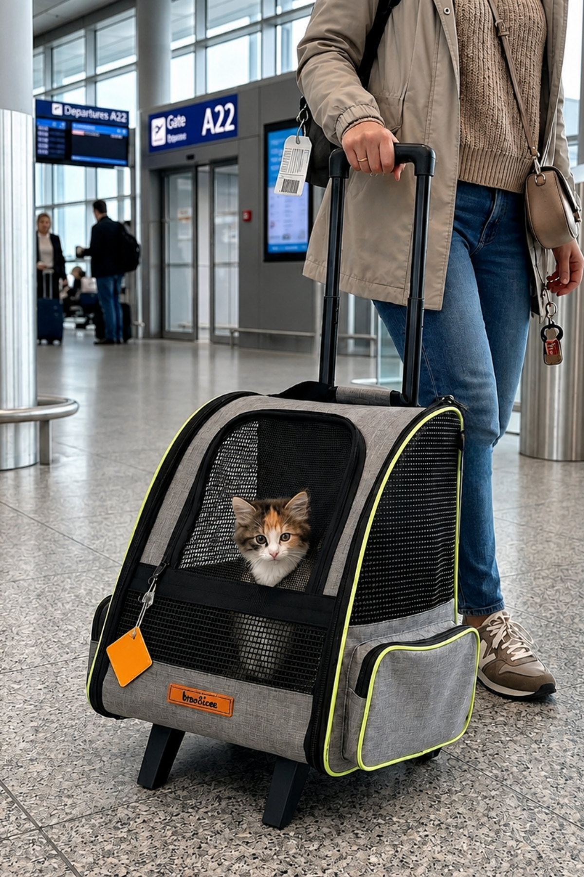 Reyo Brave Paws 2 Tekerlekli Yırtılmaz Plastik Fileli Kedi ve Köpek Taşıma Çantası, Kedi Sırt Taşıma Çantası Gri
