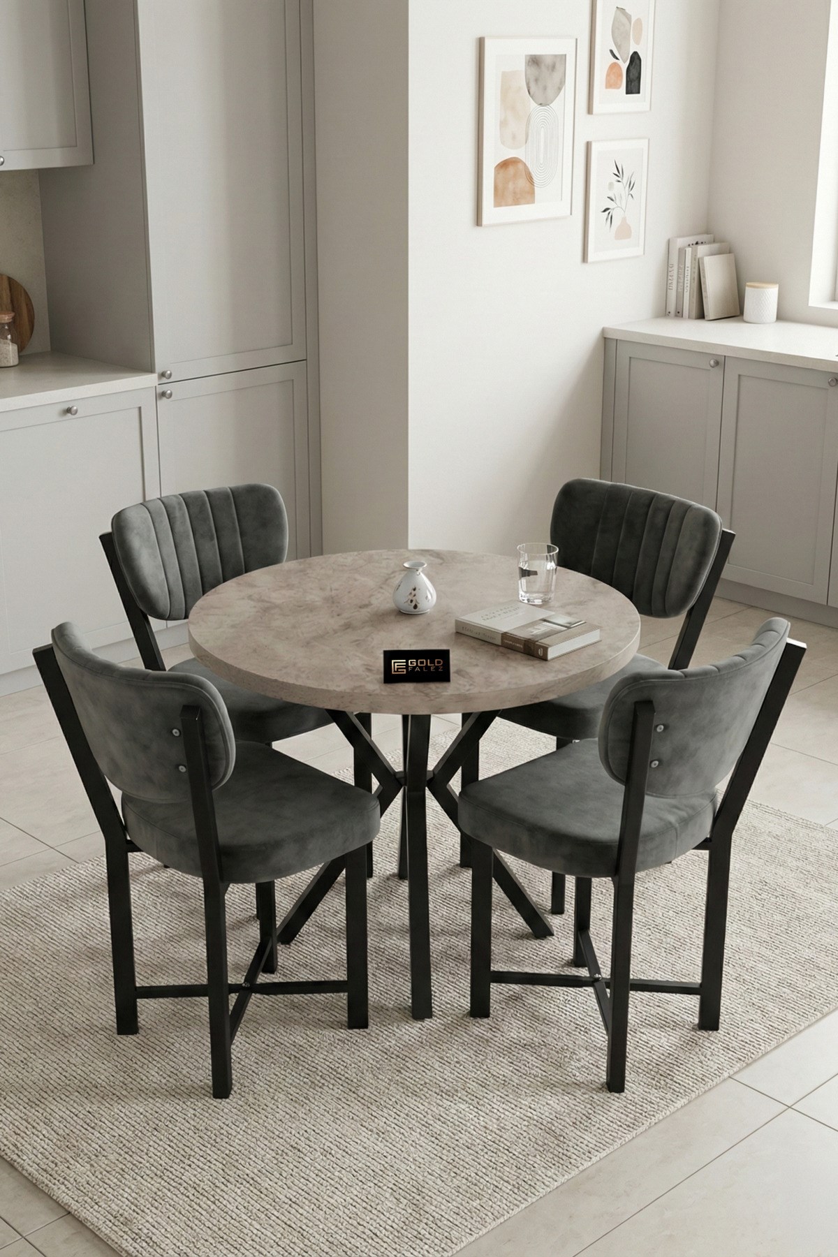 Reyo Falez Elma 90 cm 4 Sandalyeli Yuvarlak Masa Takımı Modern Mutfak Balkon Kafe Yemek Masası Seti - Traverten Antrasit 9867