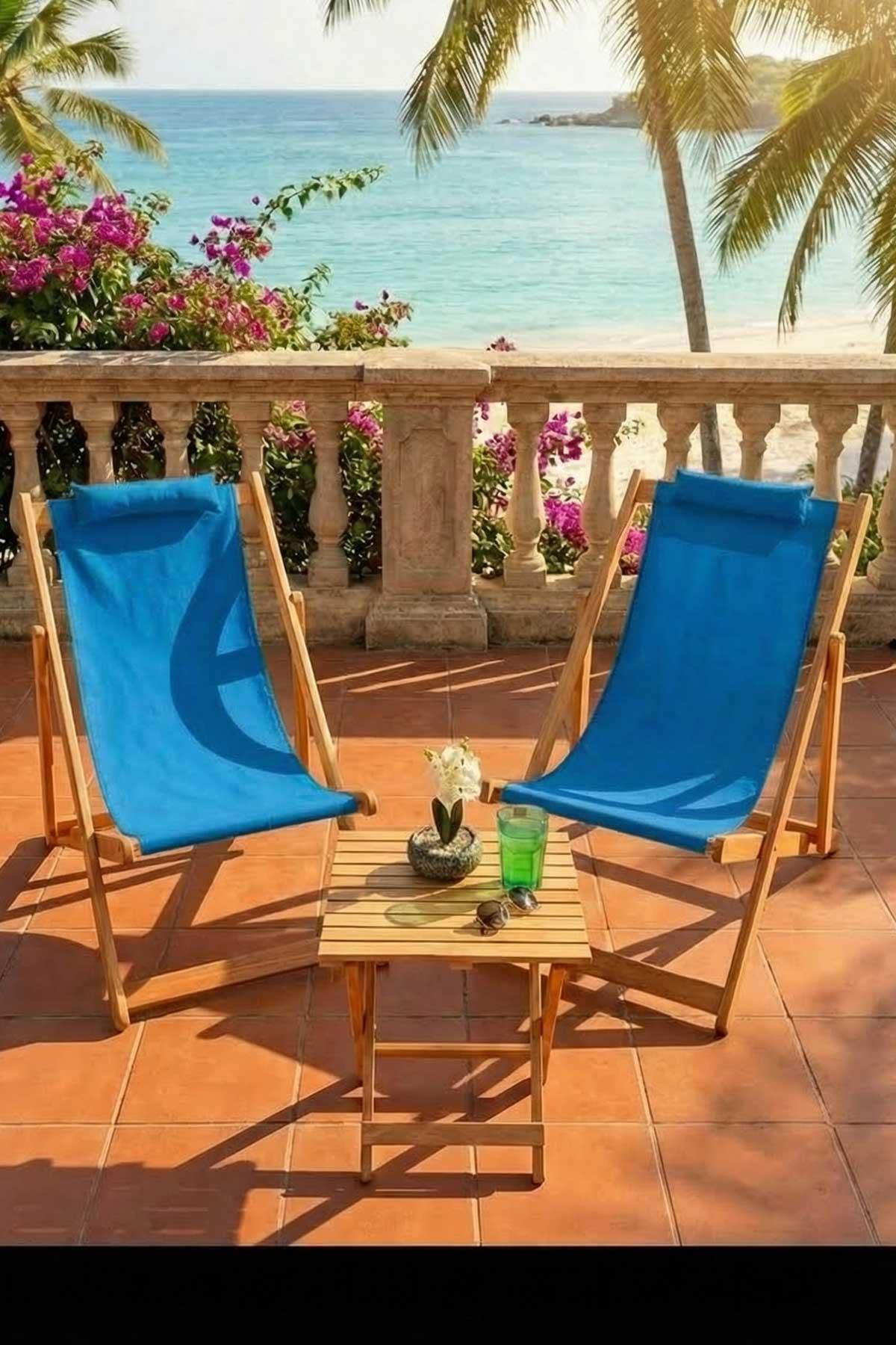 Bysay Ahşap Katlanabilir Taşinır Şezlong Plaj Bahçe Teras Balkon Sandalyesi 3'lü Takım Turkuaz