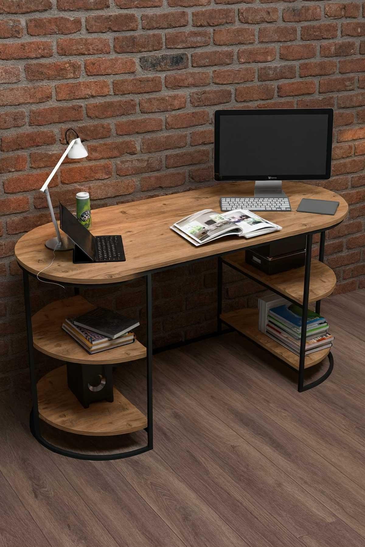 Reyo Falez Metal Ayaklı Raflı Çalışma Masası, Ofis Masası, Ders Masası Atlantik Çam