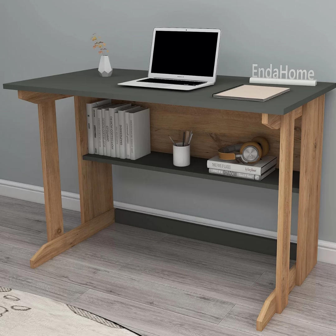 Enda Home Pillar Kütüphaneli Geniş Çalışma Masası 100x56 Cm Çam - Antrasit