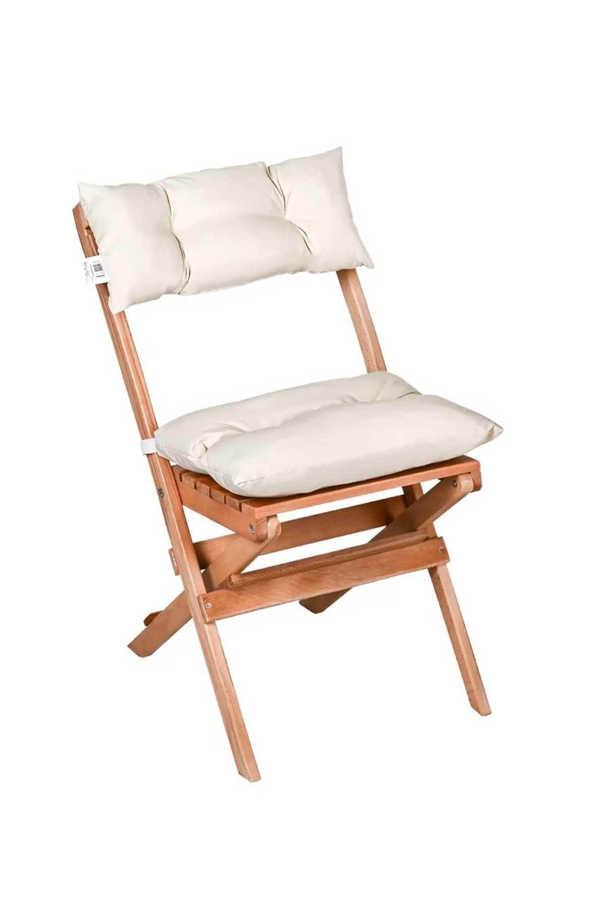 Bysay Puf Minderli Ahşap Katlanabilir Bahçe Mutfak Balkon Teras Sandalyesi (Naturel-Krem)