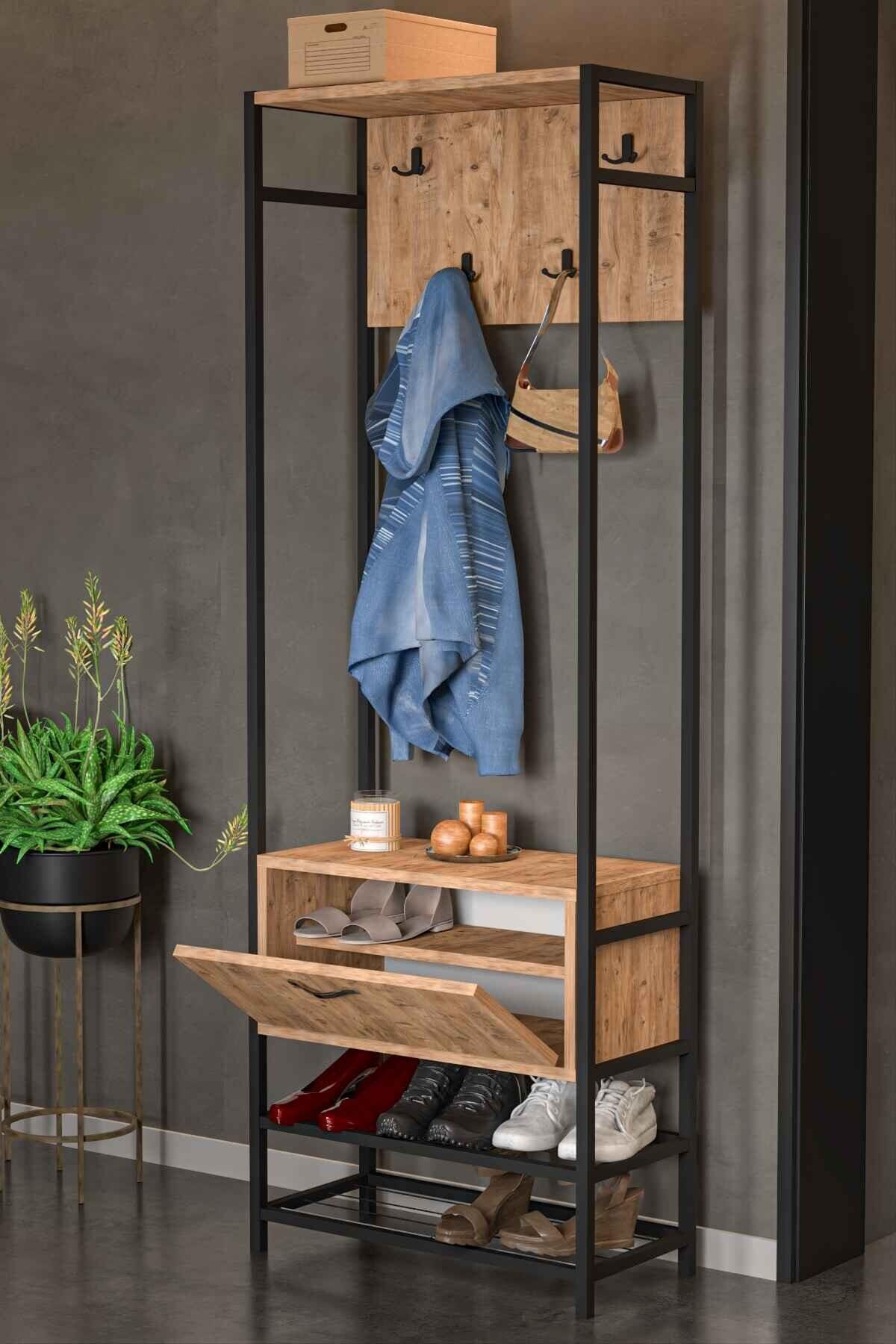 Reyo Falez Portmanto Metal Ahşap Askılık Mini Vestiyer Portmanto Ayakkabılık Çam