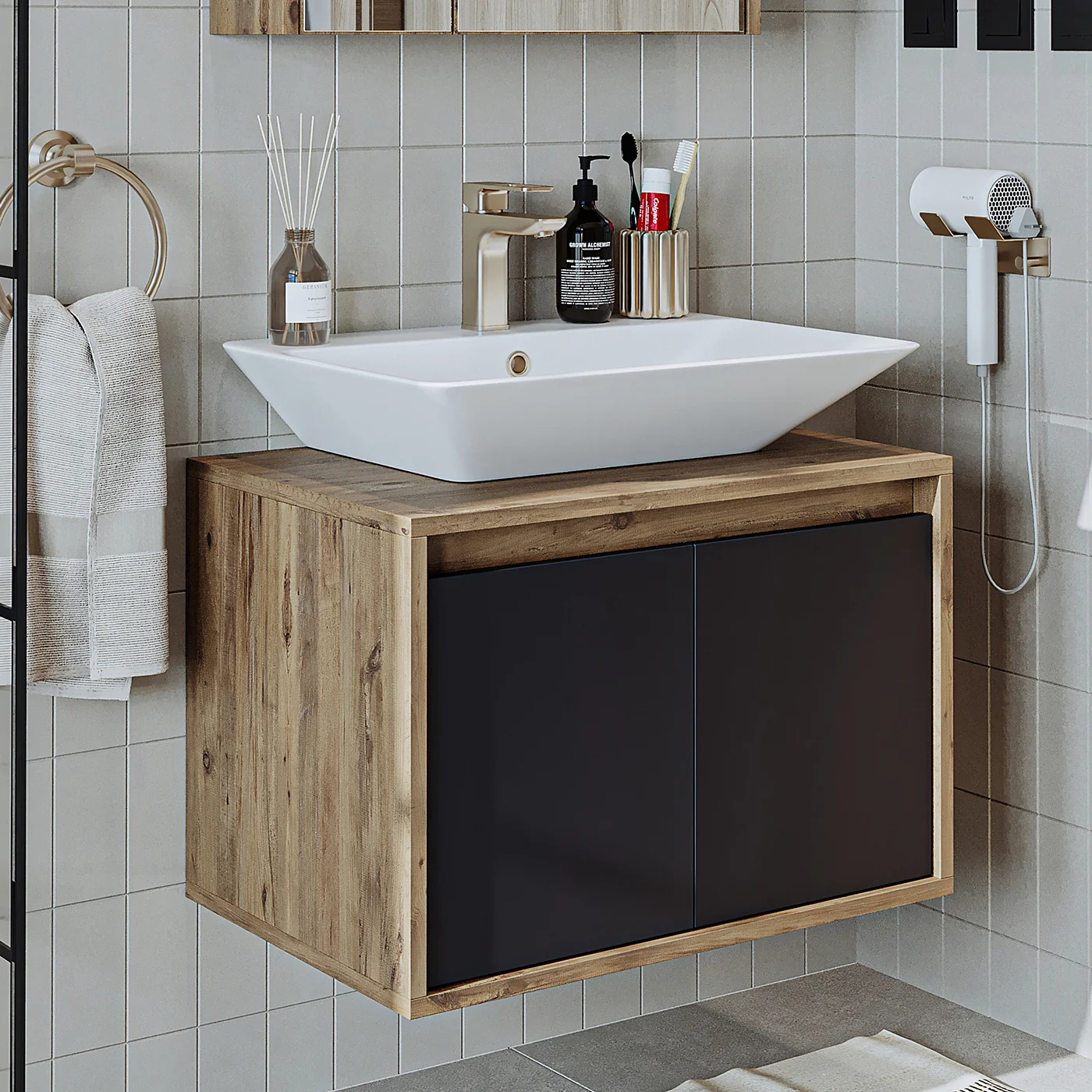 Roomart Ld7 Ayaksız 2 Kapaklı Lavabolu Ahşap-Antrasit Mdf 65 cm Banyo Dolabı BANOS1707