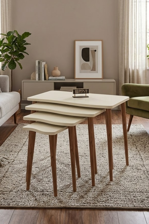 Reyo Zigon Sehpa Ahşap 4'lü Kare Krem