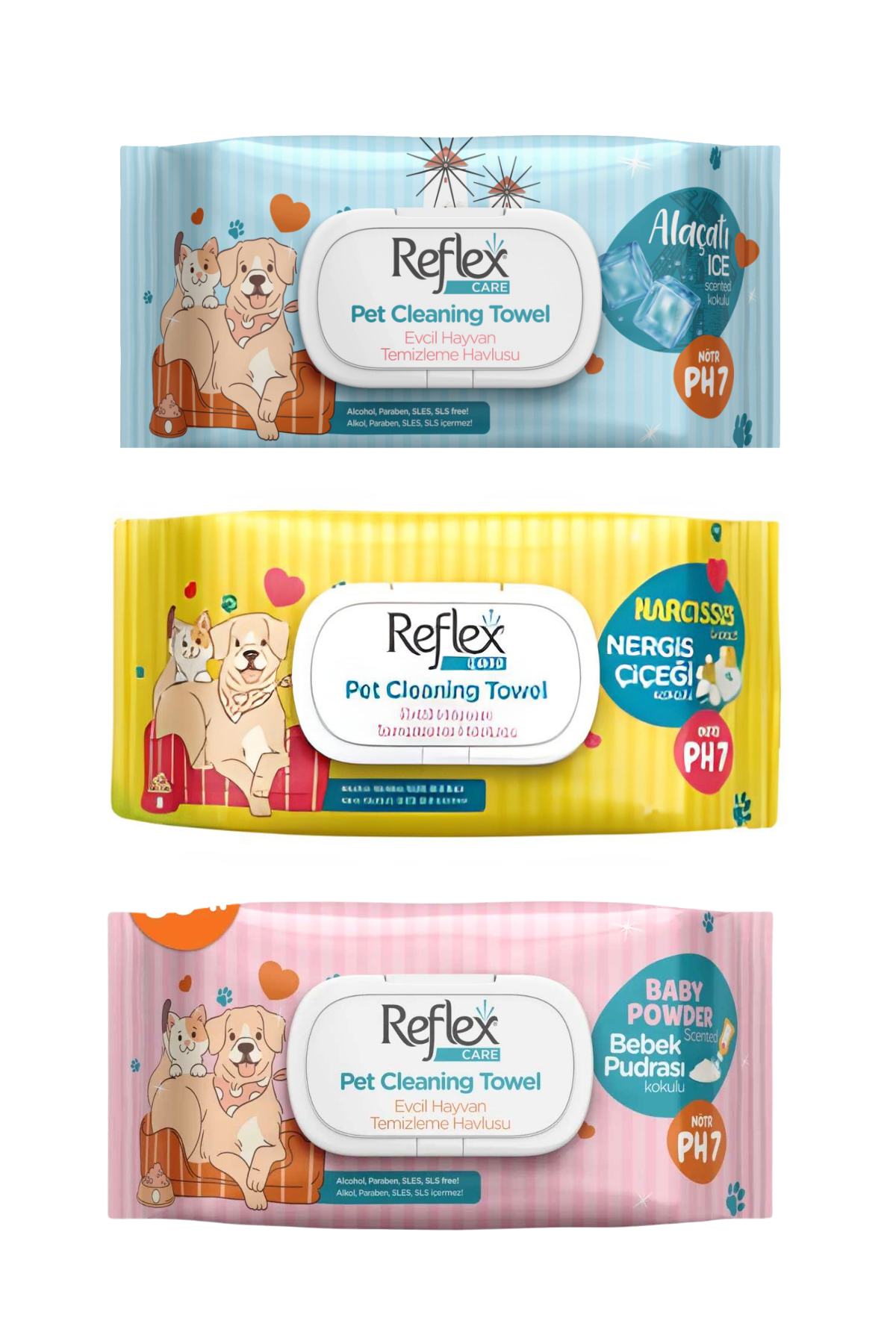 Reflex Care Evcil Hayvanlar İçin Hijyenik Temizleme Mendili 3'lü 50'li Karışık Koku Seti Pudra, Nergis, Alaçatı