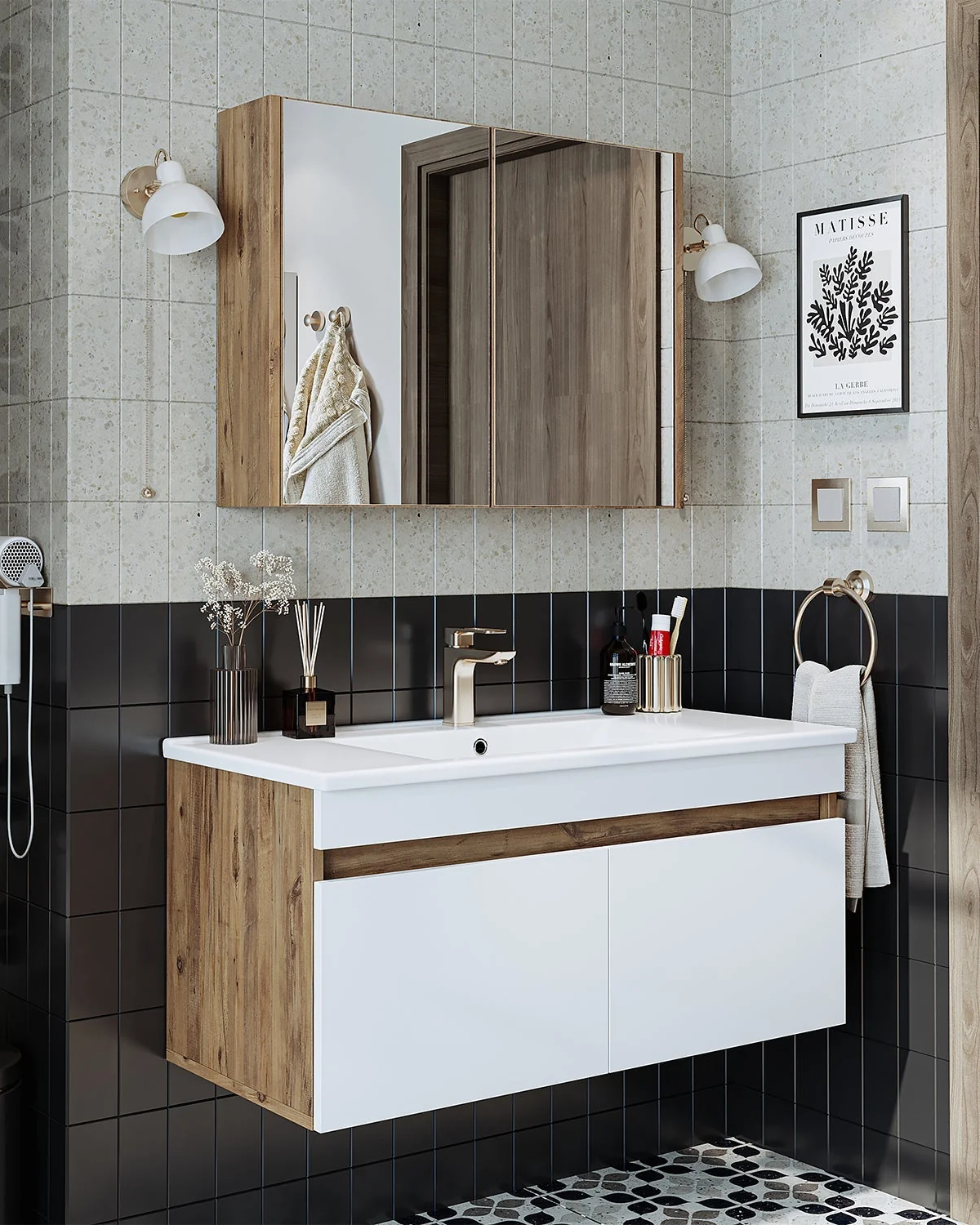 RoomArt Lavabolu Atlantik-beyaz Mat Mdf 100 Cm Banyo Alt Dolap Aynalı Üst Dolap Banyo Dolabi Seti Atlantik Çam - Mat Beyaz