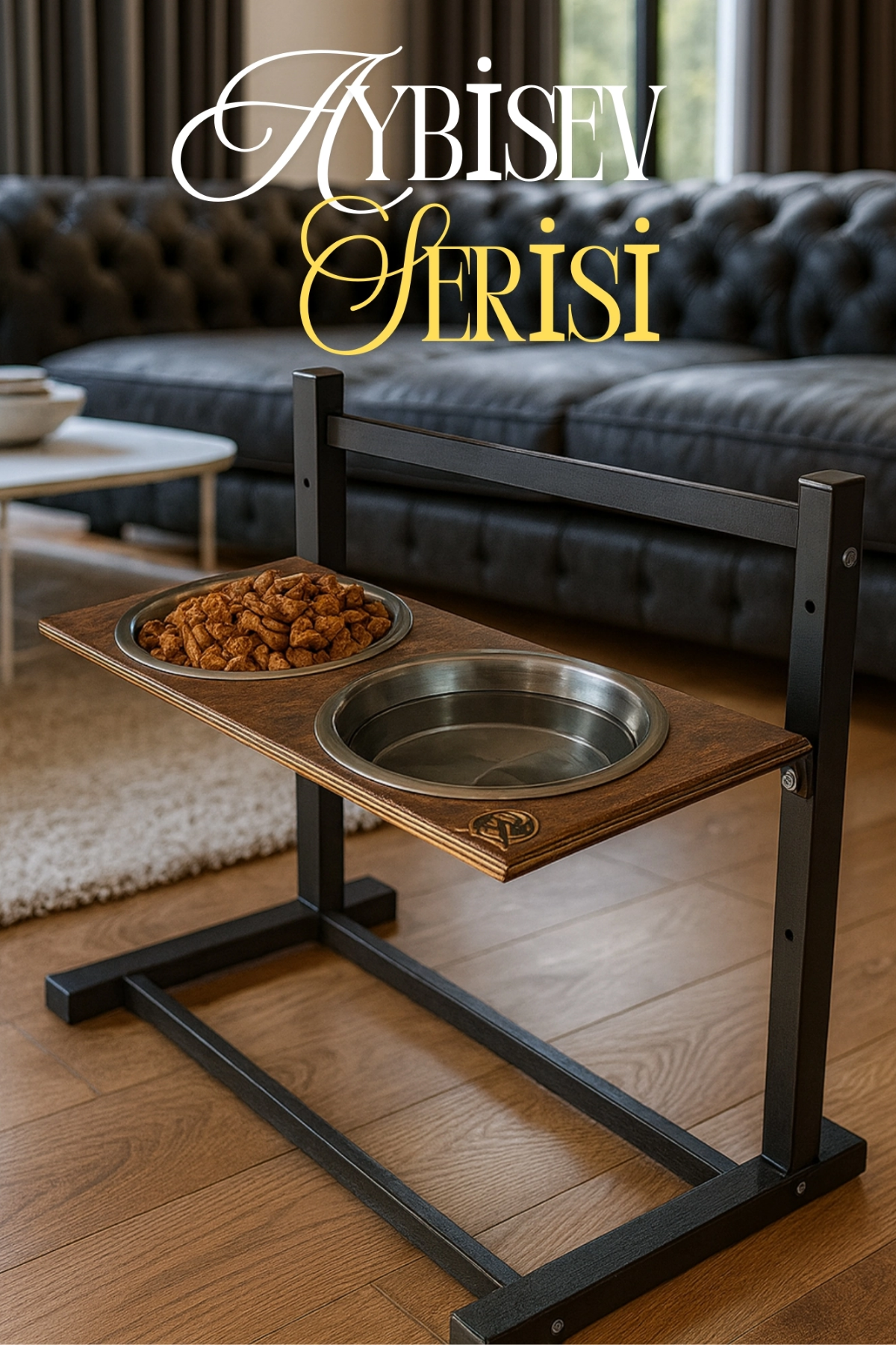 Reyo OK-AY Store Aybisev Büyük ve Orta Boy Köpekler İçin Ayarlanabilir 3 Yükseklikli Paslanmaz Çelik Mama ve Su Kabı Standı Siyah-Ceviz