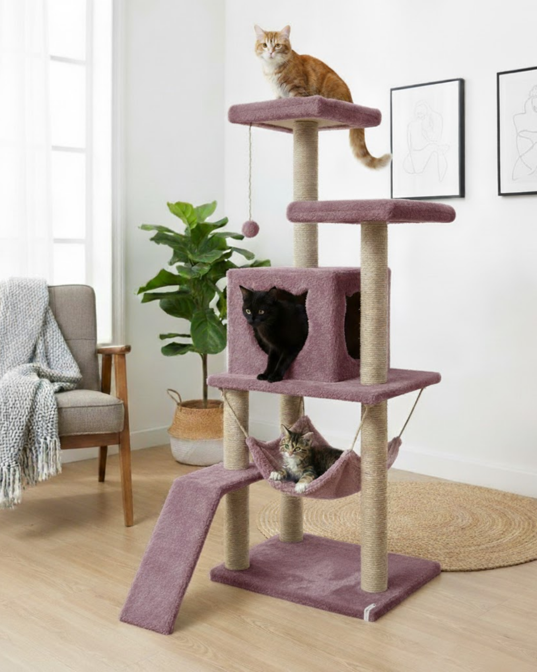 Reyo Pet S9 Kedi Tırmalama Kulesi Platformlu 124 cm Gül Kurusu