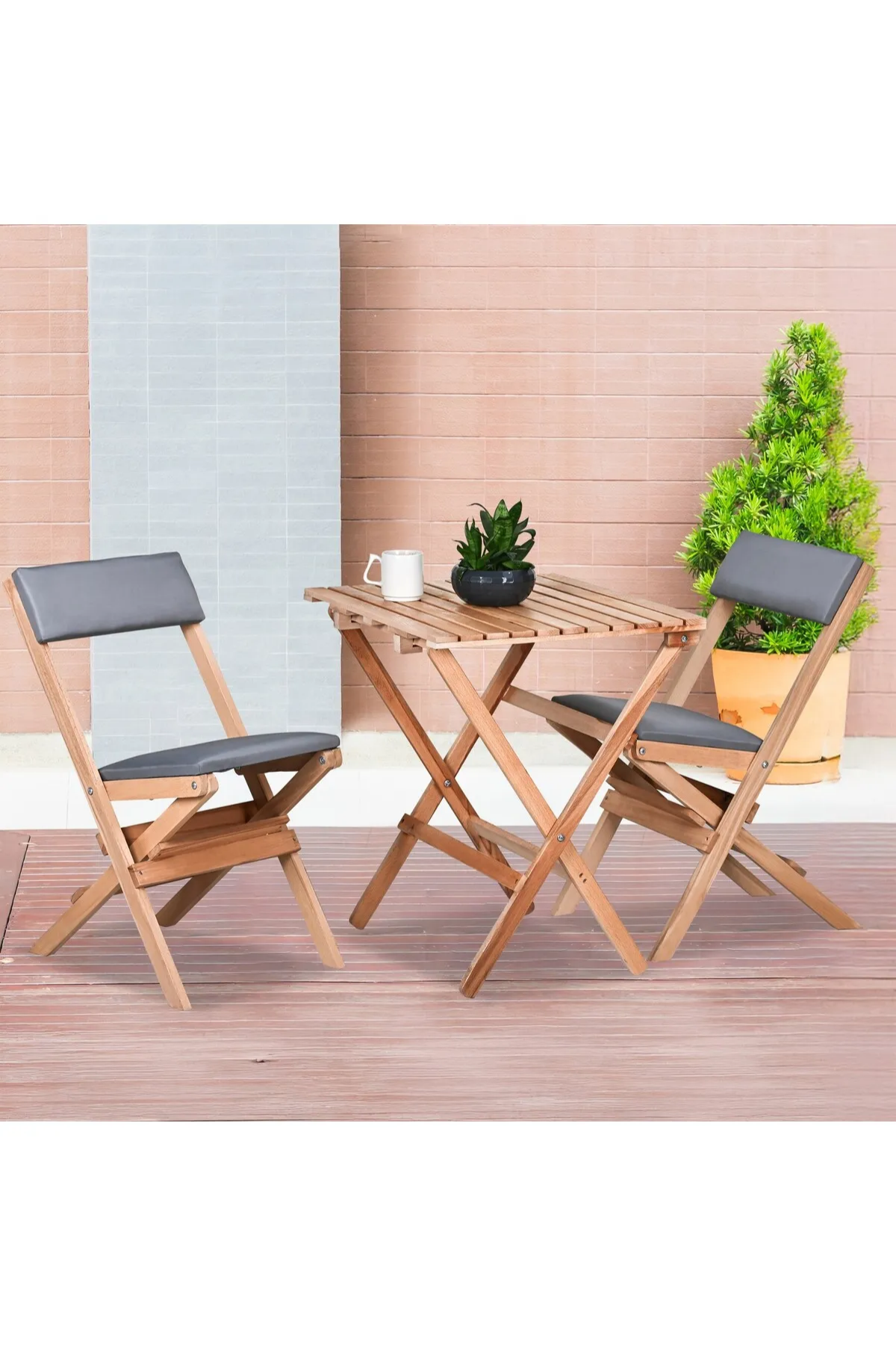 BySay Ahşap Katlanır Döşeme Minderli 3'lü Bistro Set Bahçe Takımı Naturel Gri