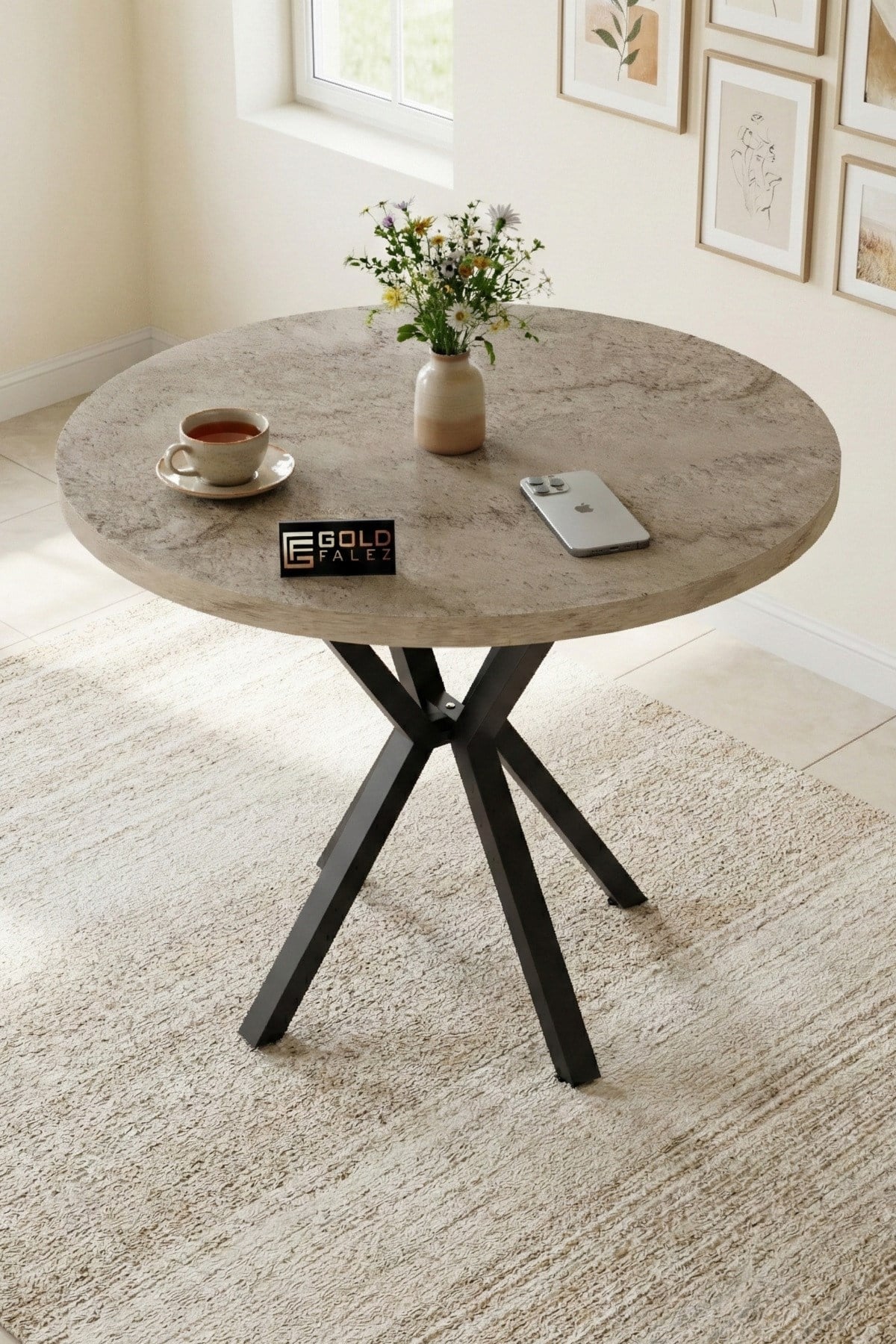 Reyo Falez Mutfak Masası 90 cm Yuvarlak Masa Modern Metal Ayaklı Cafe Balkon Ofis Yemek Masası 9826 Traverten