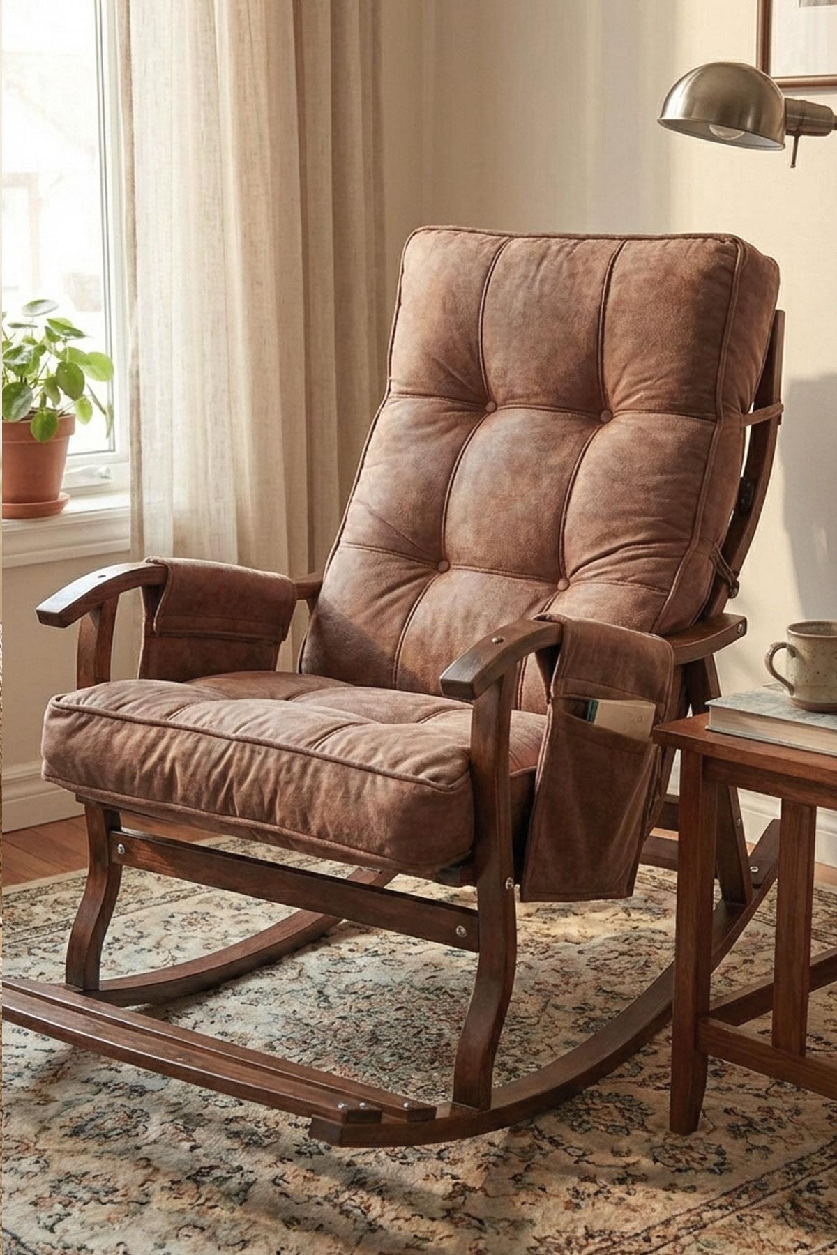 Reyo Santorini Ahşap Ceviz Sallanan Emzirme Koltuğu, Dinlenme & TV Koltuğu Kahve