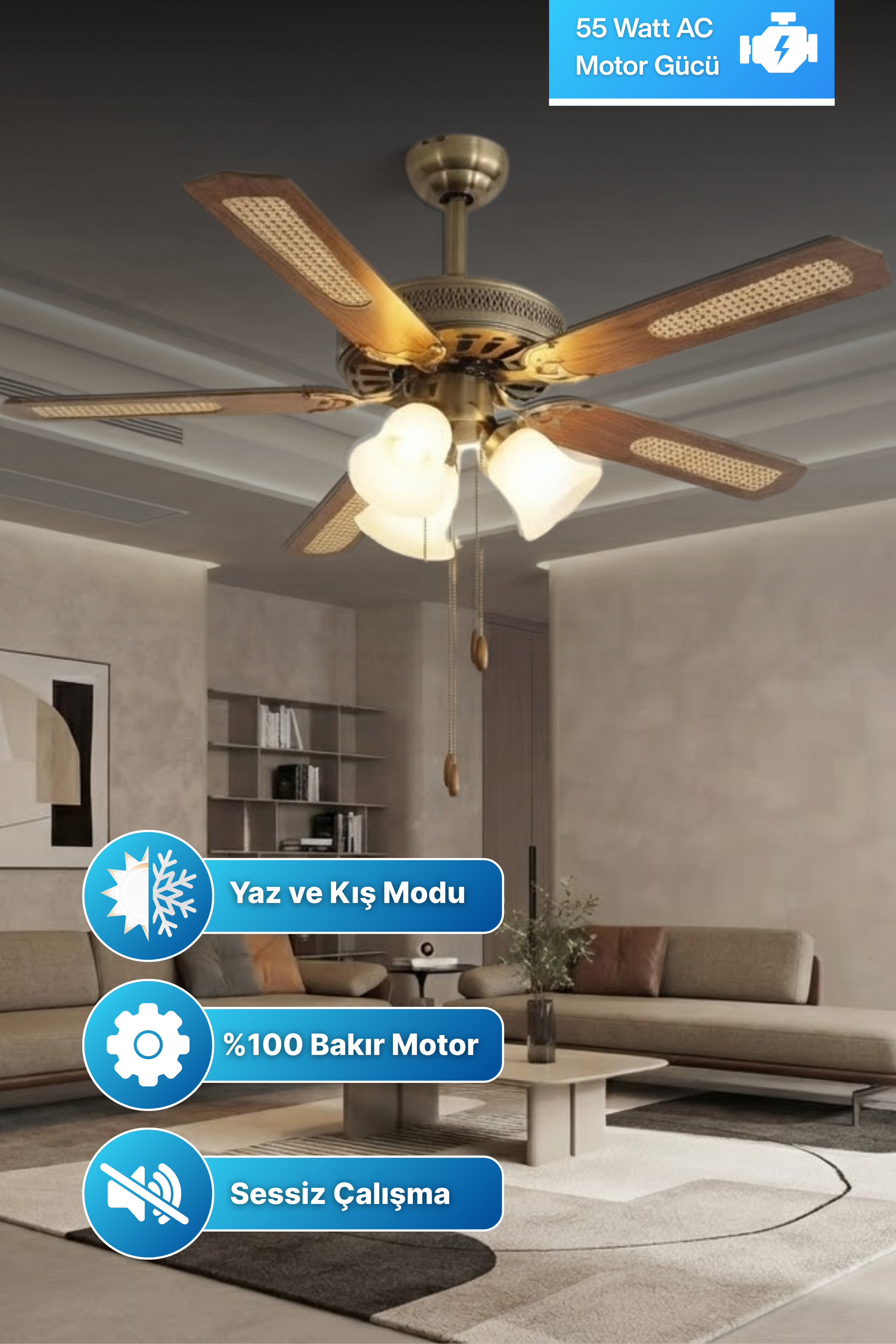 Reyo Lodos Ahşap 132cm İpli Bakır Motor 3 Lambalı Tavan Vantilatörü Ahşap