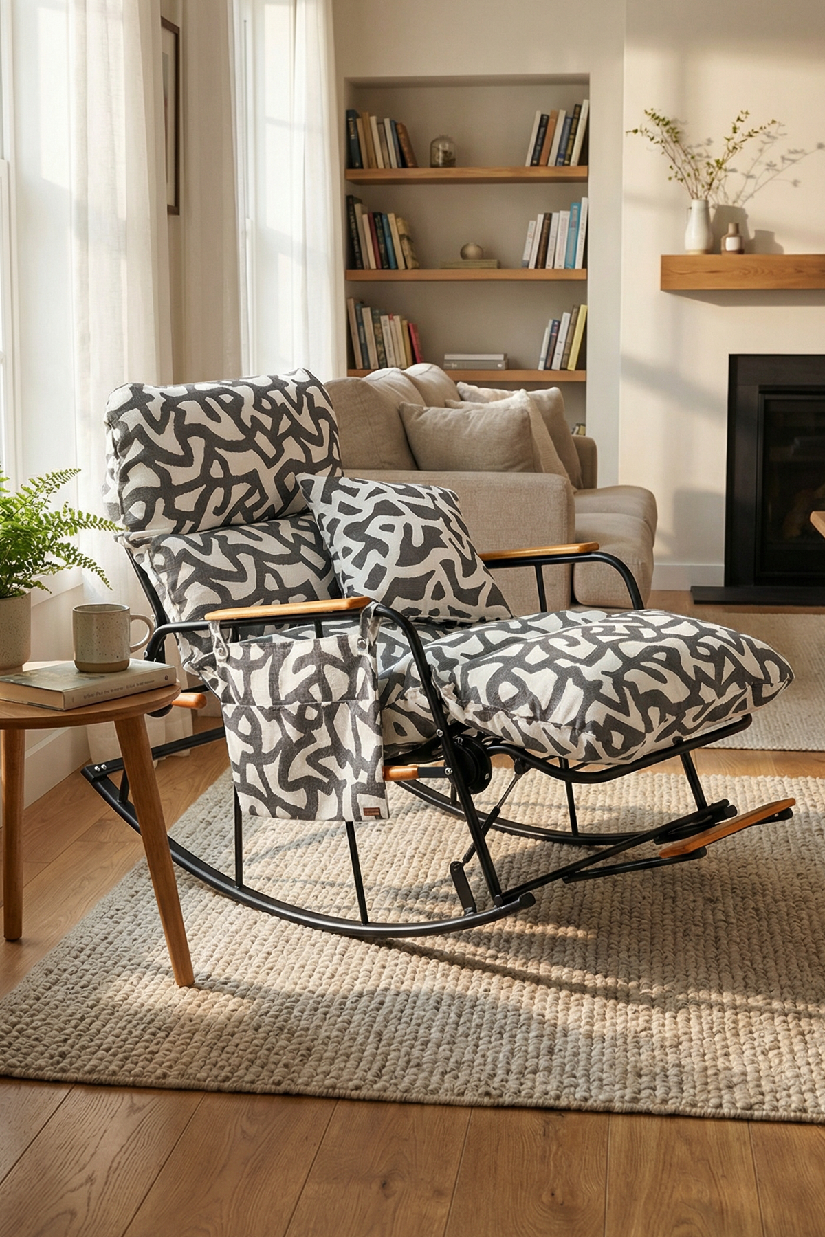 Dy Home Ayarlanabilir Mekanizmalı Sallanan Koltuk, TV Koltuğu, Sallanan Sandalye Gri Desenli Dokuma Kumaş 