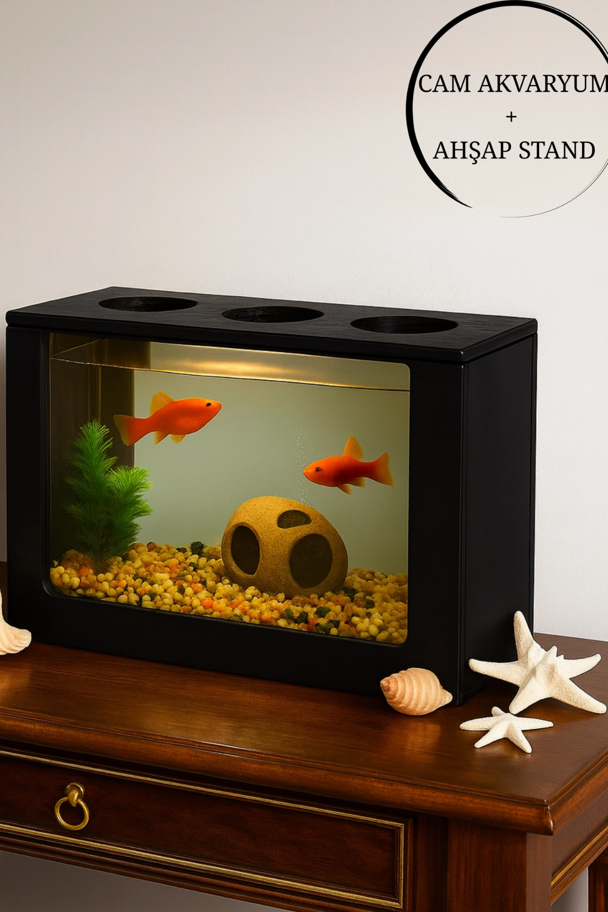 Reyo OK-AY Store Beta Akvaryum Ahşap Hediyelik Balık Akvaryumu Şık ve Dayanıklı Modern Doğal Ahşap Tasarım Hediyelik Akvaryum Siyah