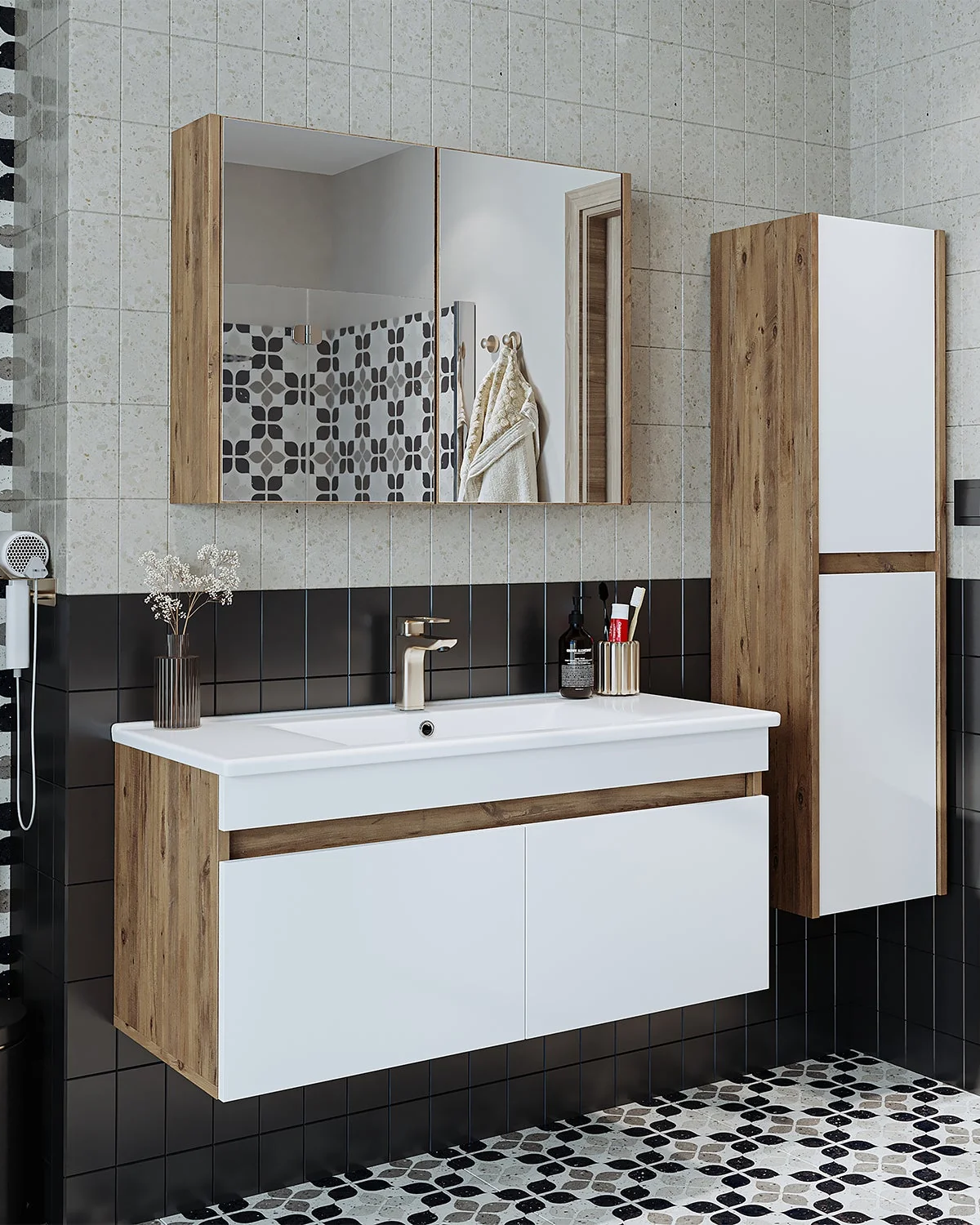 RoomArt Lavabolu Atlantik-beyaz Mat Mdf 100 Cm Banyo Alt Dolap + Aynalı Üst Dolap + Boy Dolap