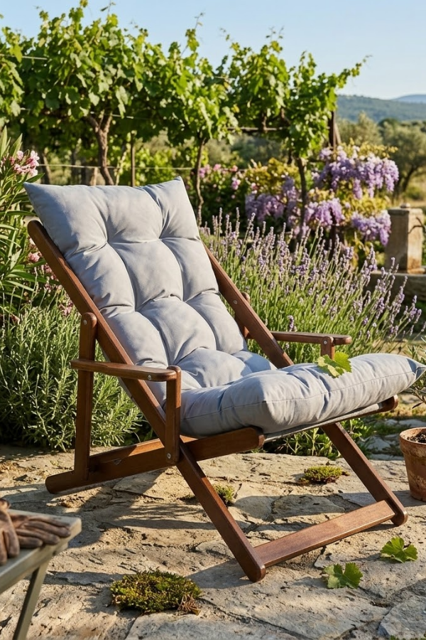 Bysay Puf Minderli Ahşap Kademeli Şezlong Bahçe&Balkon&Teras&Plaj Katlanır Şezlong Ceviz Gri