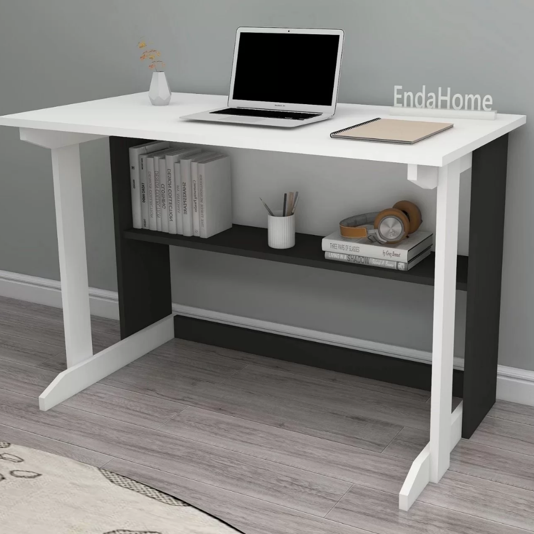 Enda Home Pillar Kütüphaneli Geniş Çalışma Masası 100x56 Cm Beyaz - Antrasit