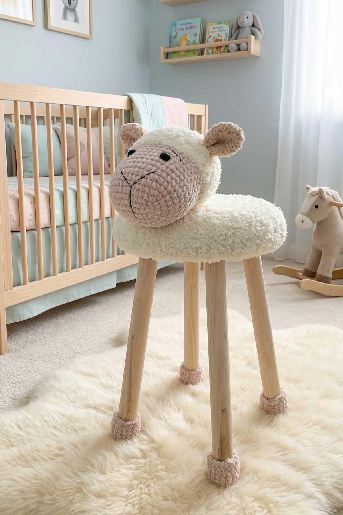 Reyo Hayvan Figürlü Ahşap Amigurumi Çocuk Taburesi Kuzu