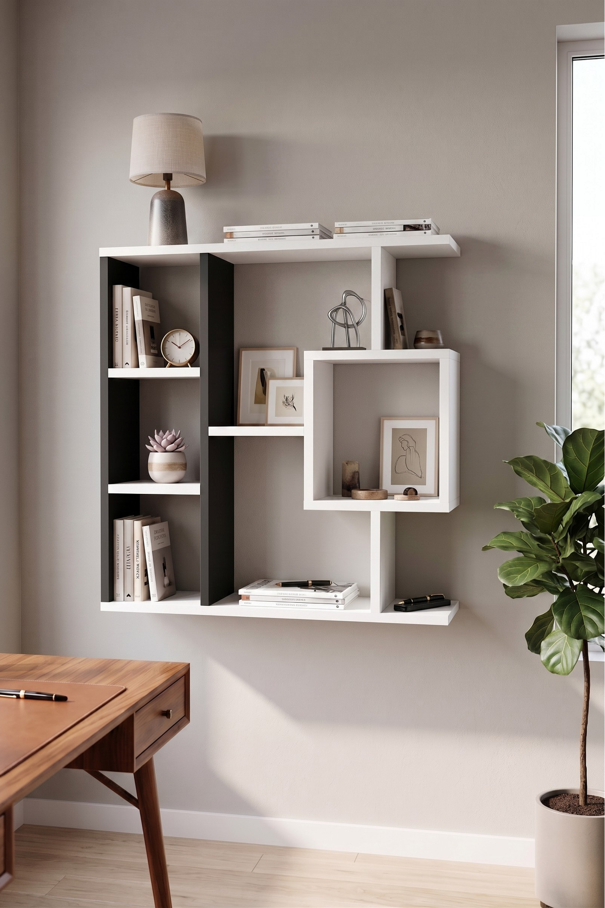 Enda Home Yegane Duvar Rafı, Duvar Kitaplığı, Dekoratif Kitaplık, Modern Kitaplık, Zeminde veya Duvarda Kullanıma Uygun Antrasit - Beyaz