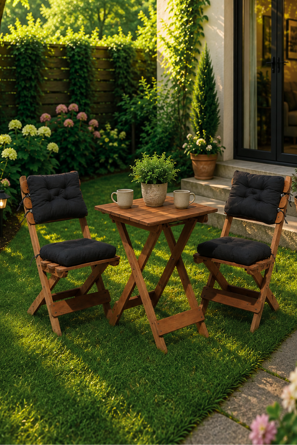Reyo Premium 3'lü Ahşap Balkon Bahçe Seti – Minderli Katlanır Bistro Masa Sandalye Ceviz/Antrasit