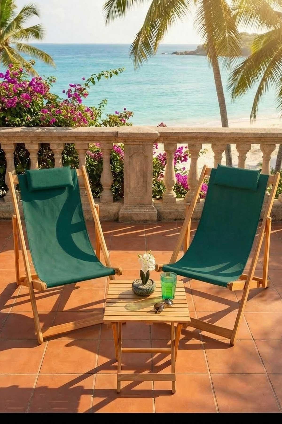 Bysay Ahşap Katlanabilir Taşinır Şezlong Plaj Bahçe Teras Balkon Sandalyesi 3'lü Takım Haki