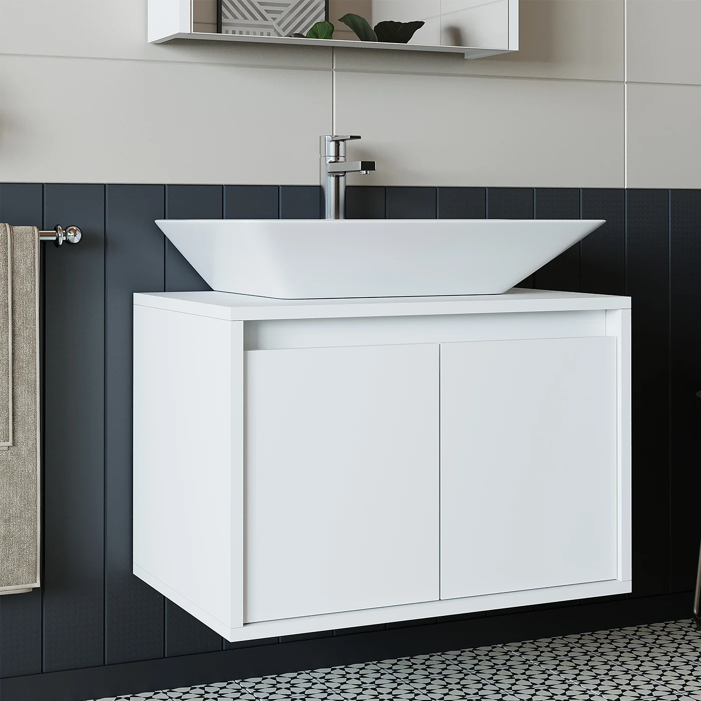 RoomArt Banos Banyo Ld7 65 Cm Ayaksız 2 Kapaklı Lavabolu Mat Beyaz Mdf