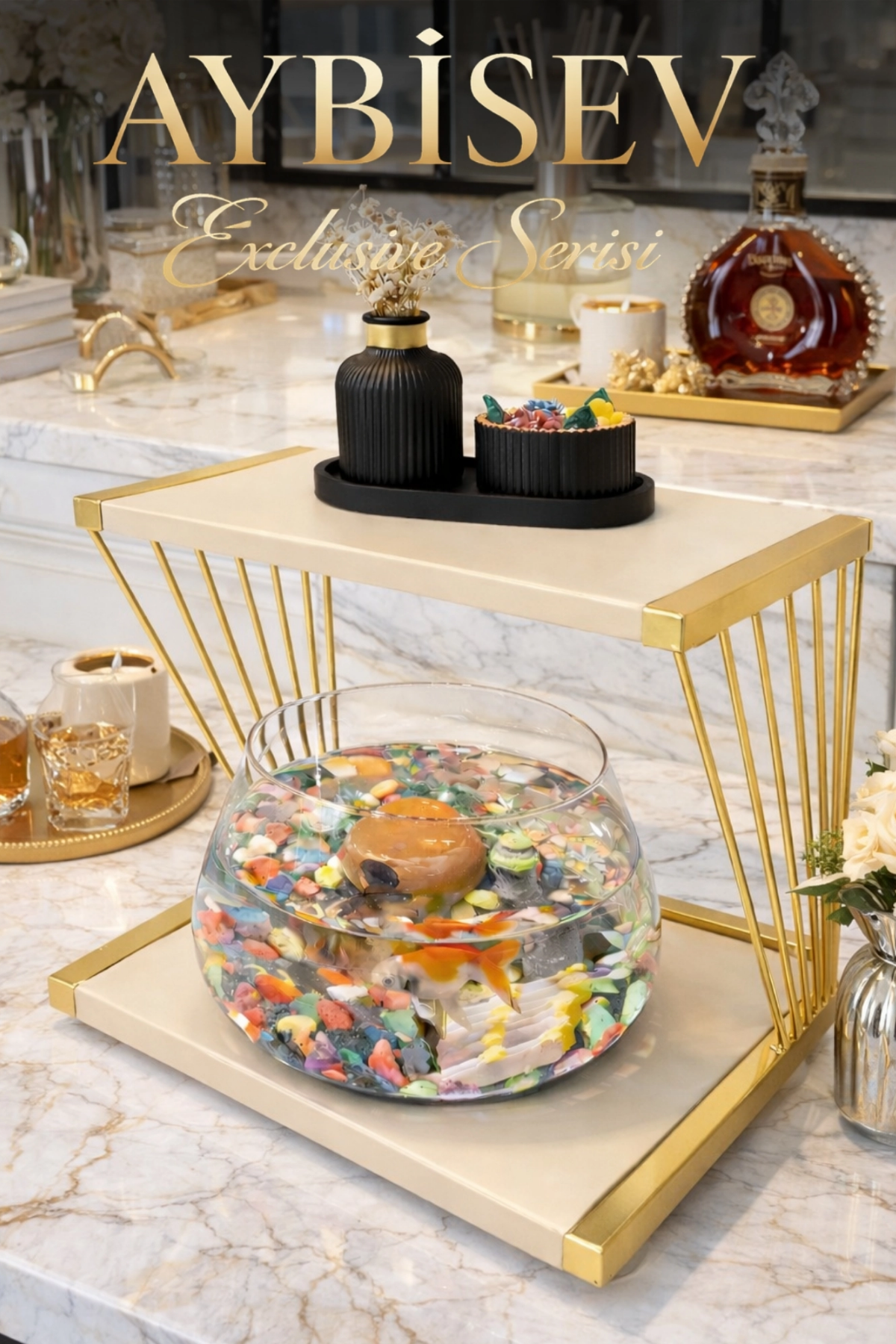 Reyo OK-AY Store Exclusive Işıklı Beta Akvaryum ve Fanus Modern Tasarım LED Aydınlatmalı Modern Temalı Fanus Gold-Krem