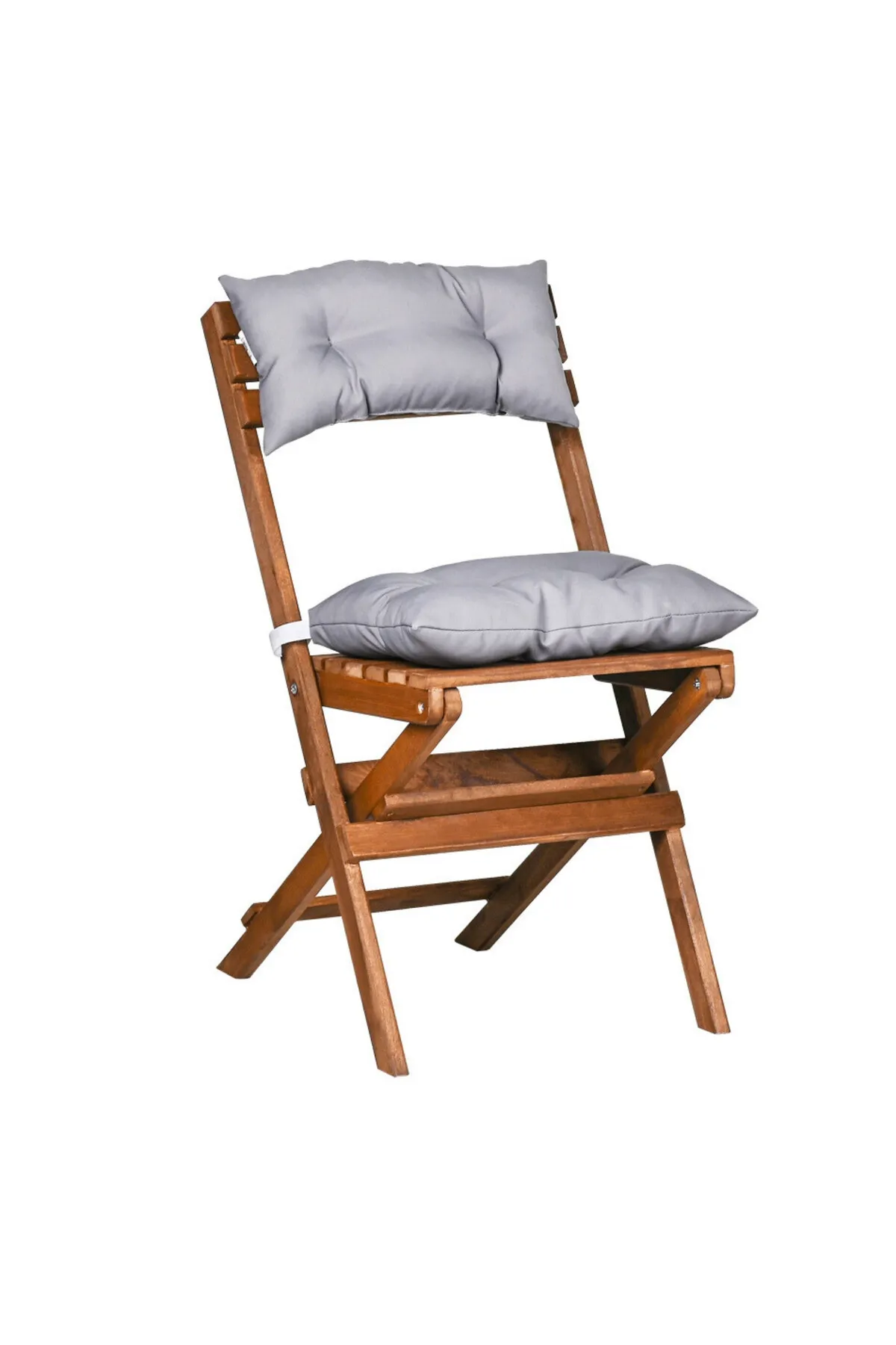 Bysay Vernikli Puf Minderli Ahşap Katlanabilir Bahçe Mutfak Balkon Teras Sandalyesi (Ceviz-Gri)