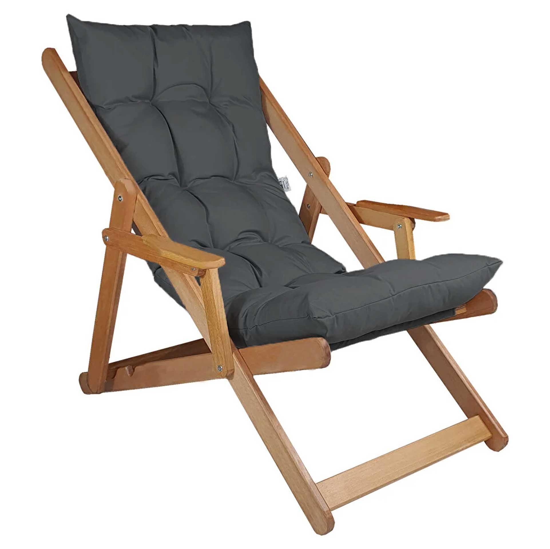 Bysay Puf Minderli Ahşap Kademeli Şezlong Bahçe&Balkon&Teras&Plaj Katlanır Şezlong Naturel Antrasit