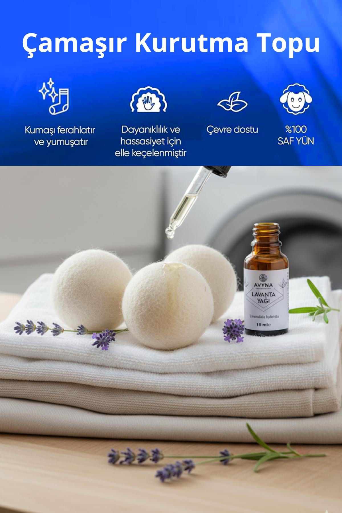Reyo 3'lü Çamaşır Yün Kurutma Topu + %100 Saf Lavanta Esansı Hediye - Doğal ve Çevre Dostu