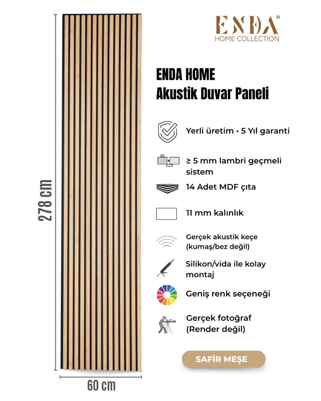 Enda Home MDF Akustik Duvar Paneli 60 x 278cm Safir Meşe