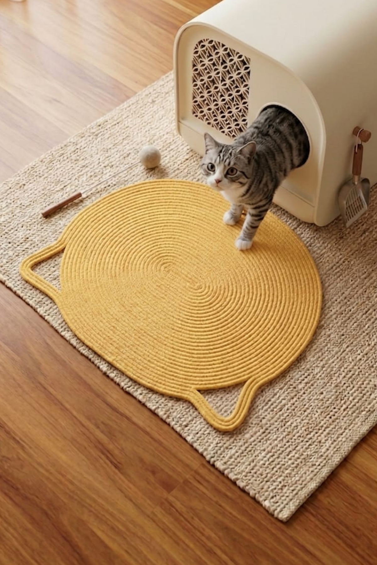 Reyo Pet El Yapımı Kedi Kulaklı Tırmalama Matı, Kedi ve Köpek Mama Matı %100 Pamuk Açık Sarı