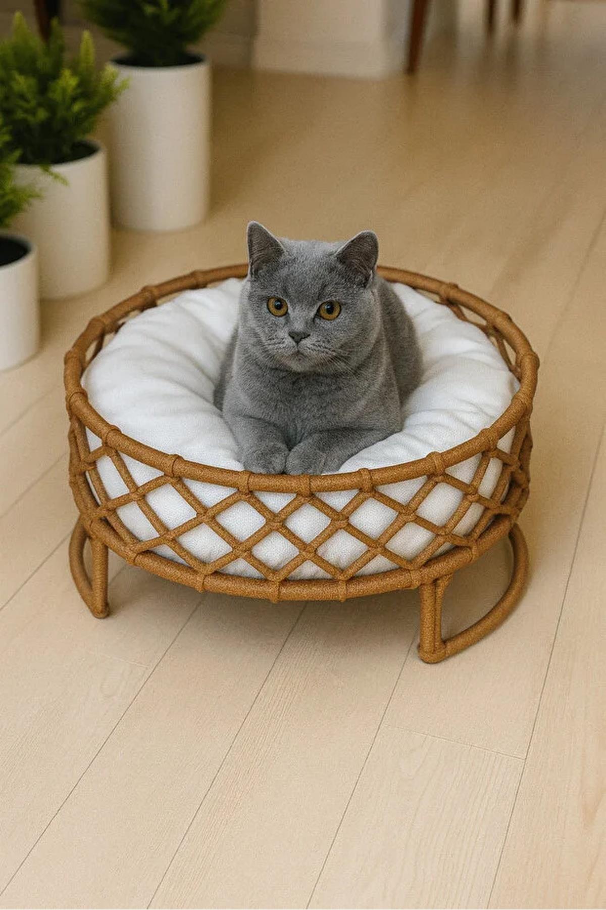 Tasaryum Kedi ve Köpek El Örgüsü Yatağı, Yuvası Kahverengi