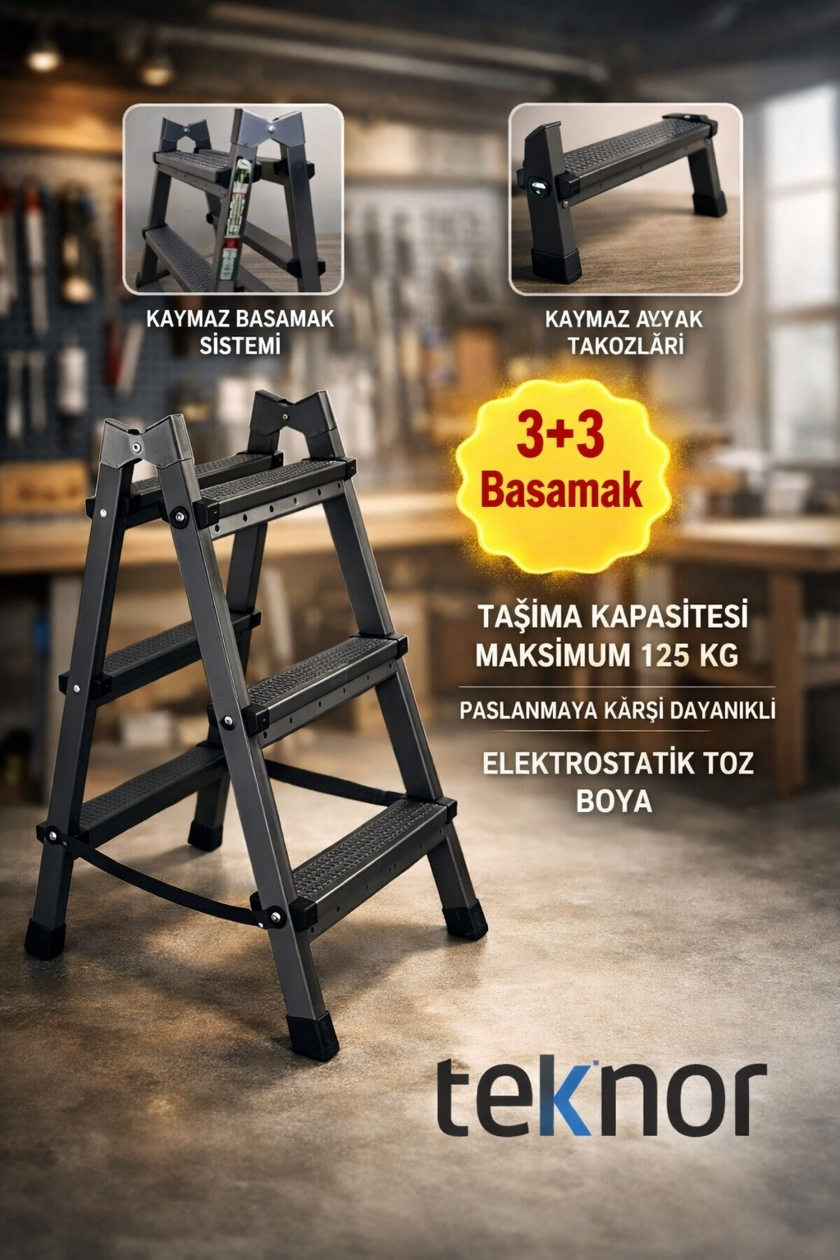 Reyo Kutlu Çift Taraflı Dayanıklı 3+3 Metal Basamaklı Katlanır Merdiven – Kaymaz Basamaklı Ev Tipi Portatif Merdiven