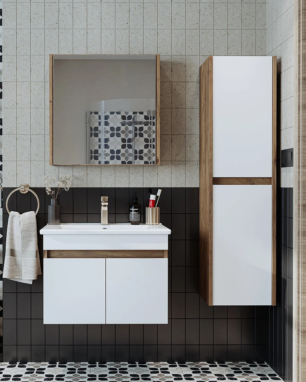 RoomArt Lavabolu Atlantik-beyaz Mat Mdf 65 Cm Banyo Alt Dolap + Aynalı Üst Dolap + Boy Dolap