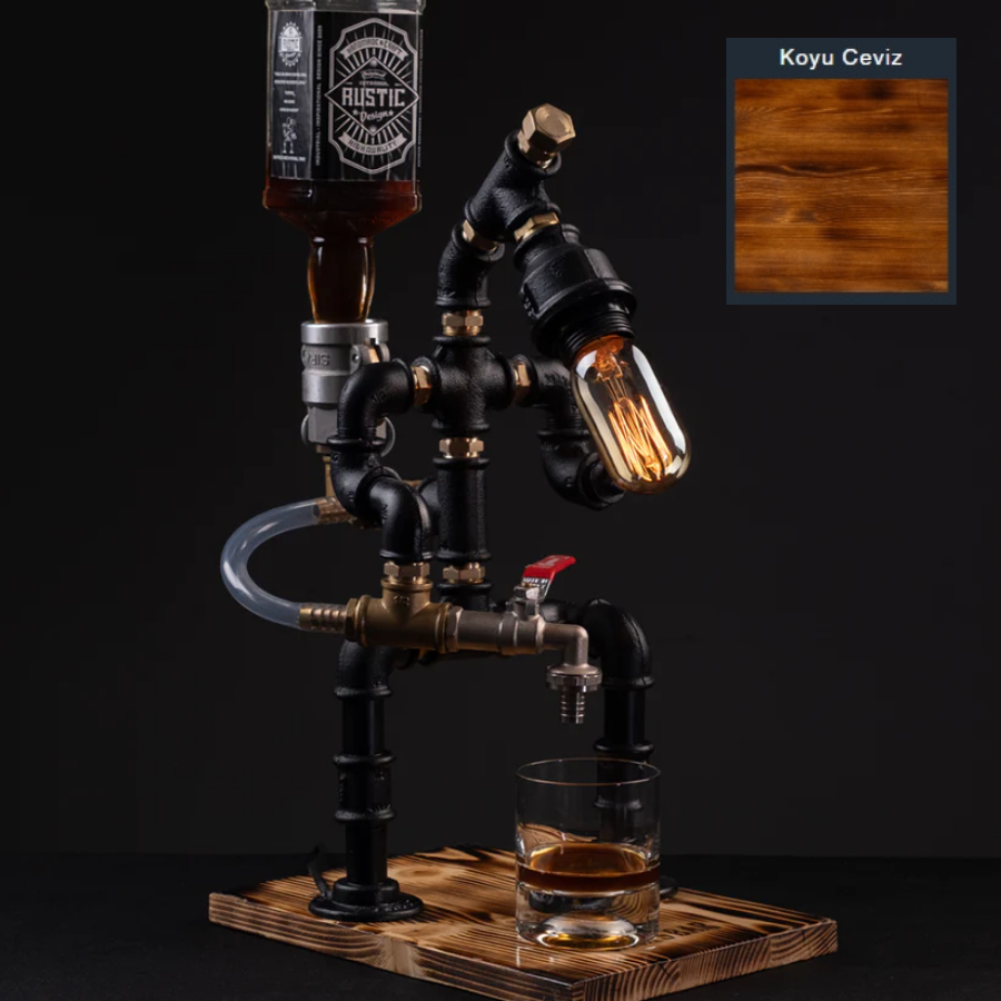 Rustik Atölye Madenci Masa Lambalı Lampenser İçki Musluğu Koyu Ceviz