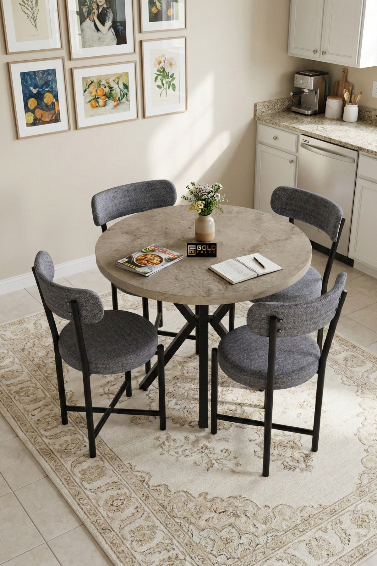 Reyo Falez Teddy 90 cm Yuvarlak Masa Takımı 4 Sandalyeli Modern Mutfak Balkon Kafe Yemek Masası Seti Traverten - Gri 9862