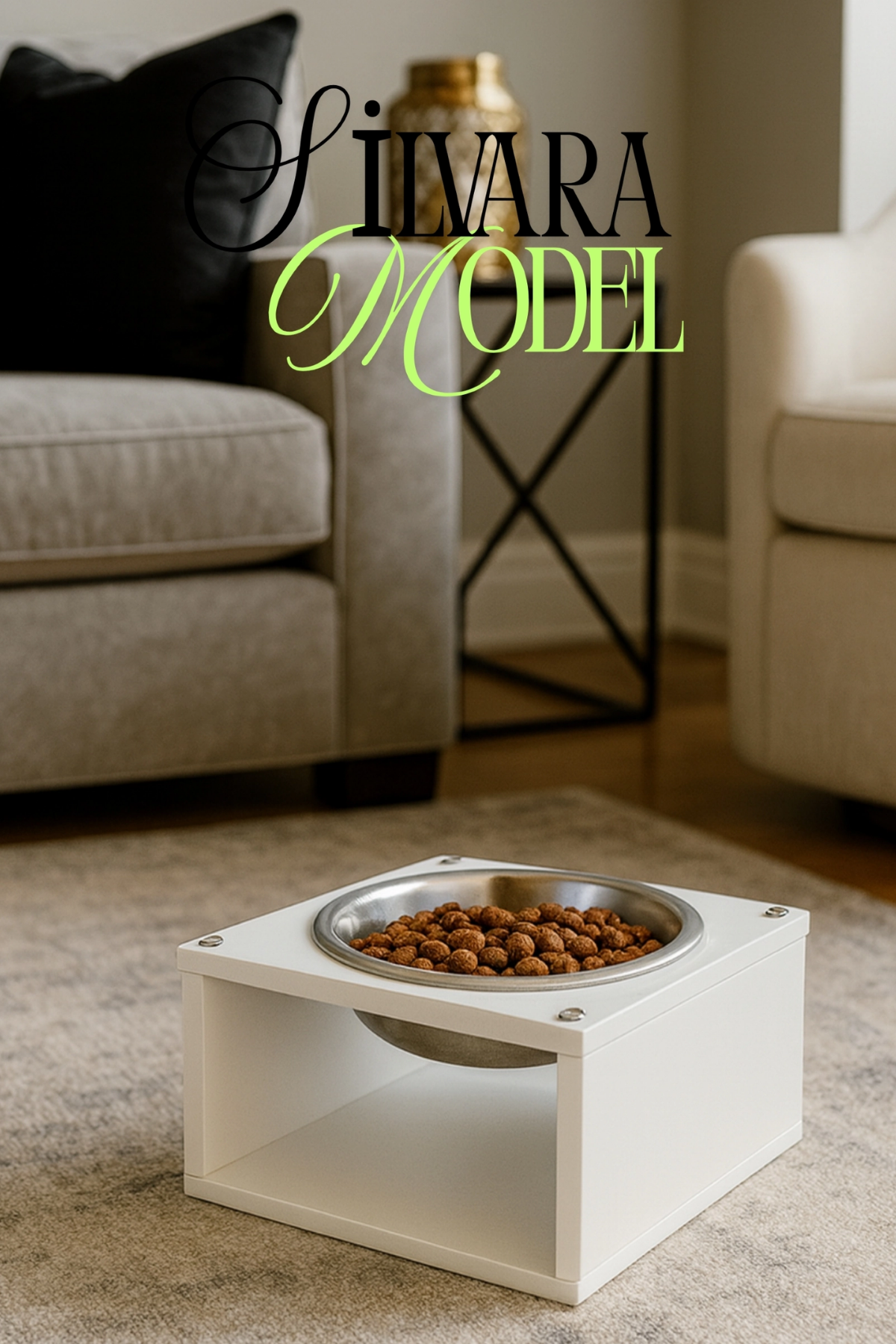 Reyo OK-AY Store Silvara Modern Ahşap Kedi ve Köpek Mama Standı Paslanmaz Çelik Kaseli Mama ve Su Kabı Beyaz