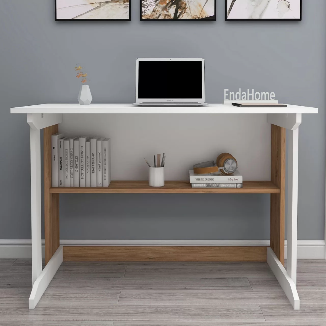 Enda Home Pillar Kütüphaneli Geniş Çalışma Masası 100x56 Cm Atlantik Çam - Beyaz
