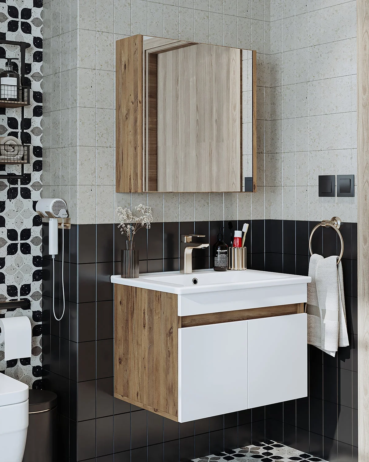 RoomArt Lavabolu Atlantik-Beyaz Mat Mdf 65 Cm Banyo Alt Dolap + Aynalı Üst Dolap + Boy Dolap