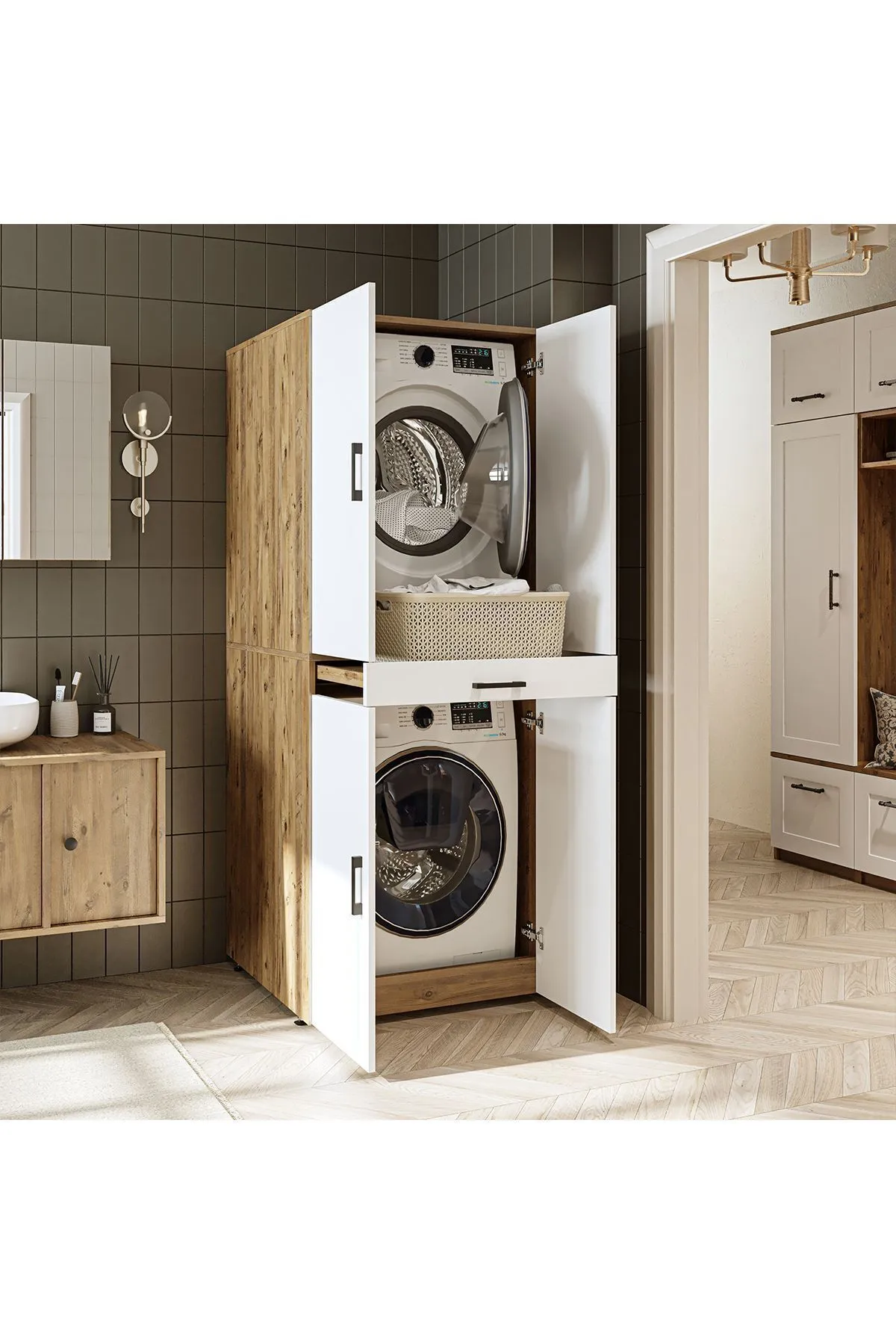 RoomArt Banyo Dolabı Kapaklı Çamaşır Ve Kurutma Makinesi Dolabı 70x185 cm Atlantik Çam - Mat Beyaz