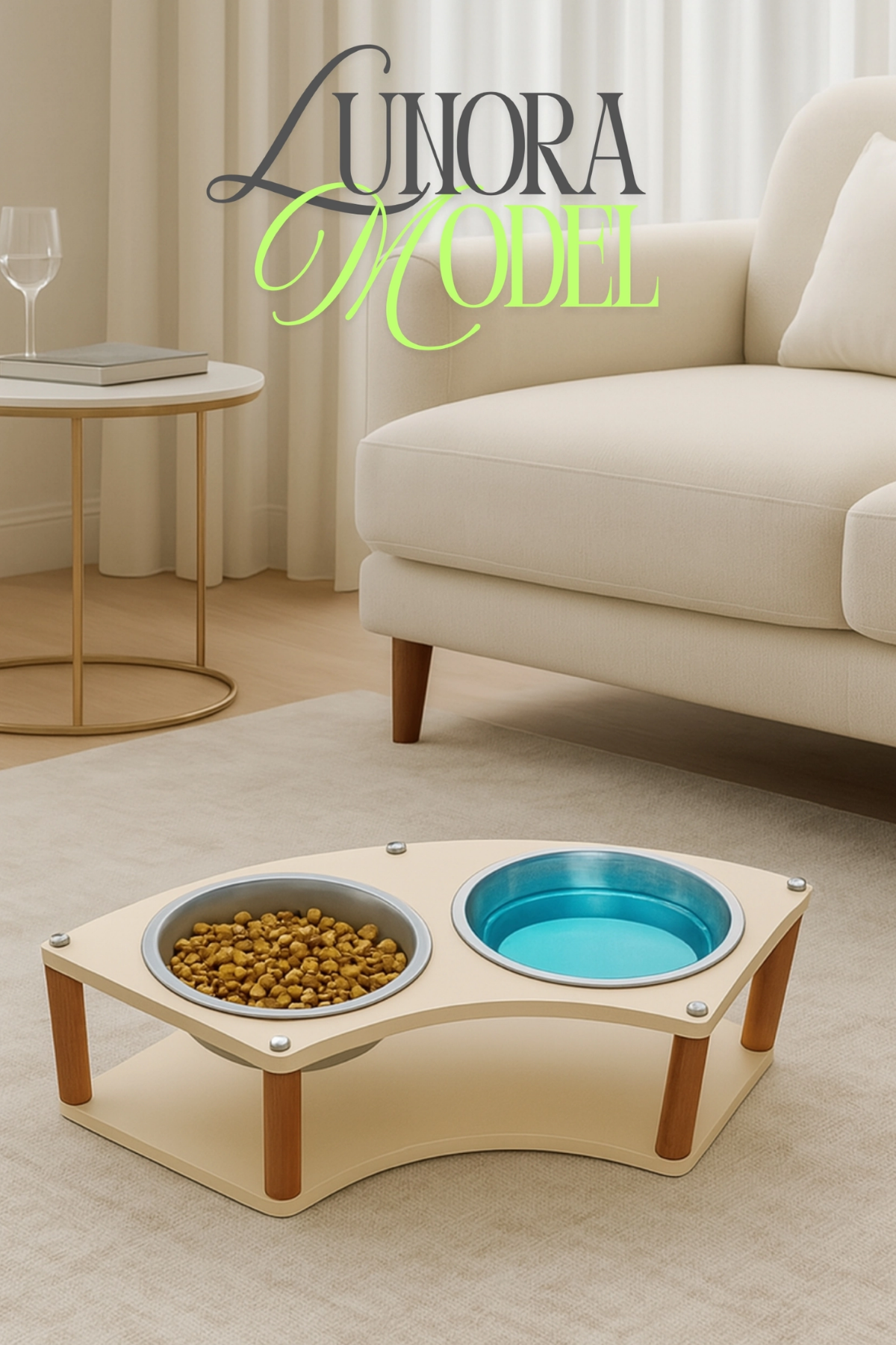 Reyo OK-AY Store Lunara Modern Ahşap Demonte Kedi ve Köpek Mama Standı 2'li Paslanmaz Çelik Kaseli Krem