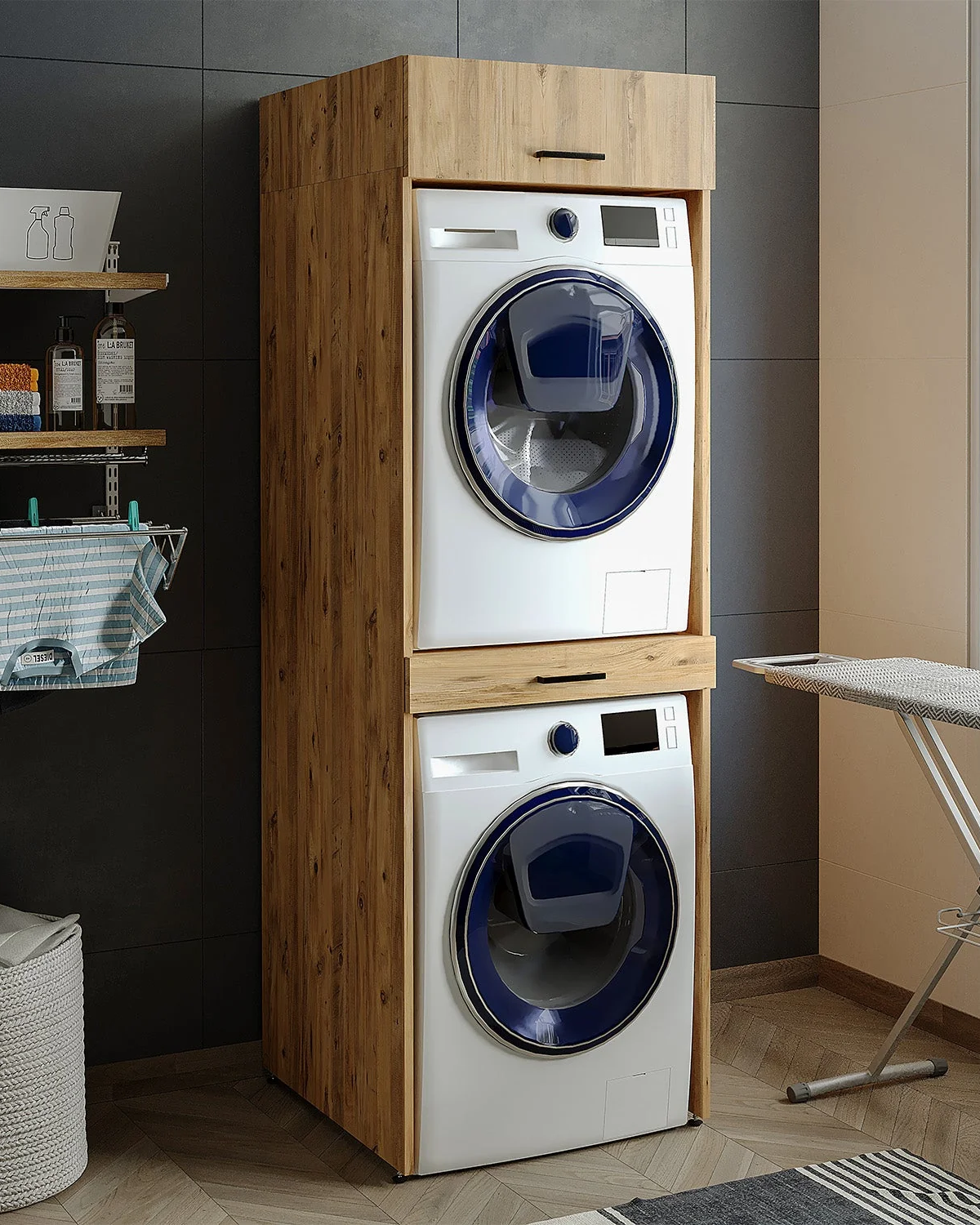 Roomart Çamaşır ve Kurutma Makinesi Dolabı + Üst Dolabı 67x205 Cm Atlantik Çam