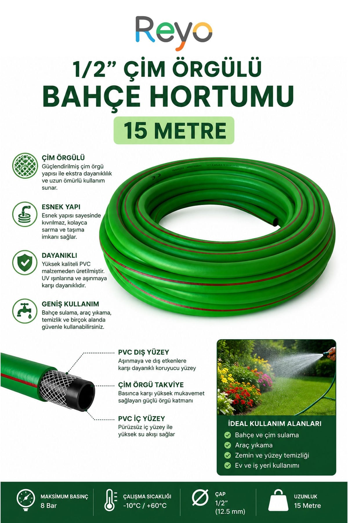 Reyo 1/2 Çim Örgülü Bahçe Hortumu 15 Metre 