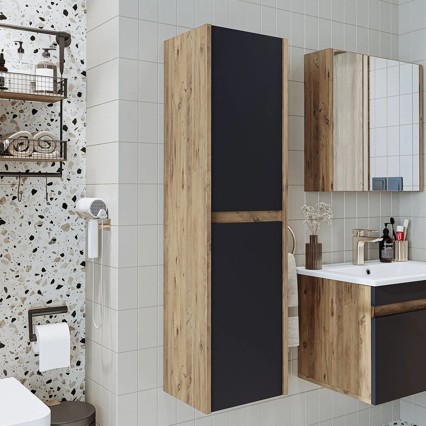 Roomart Bd2 Ayaksız 2 Kapaklı Ahşap-Antrasit 130 x 35 cm Banyo Boy Dolabı BANOS1705