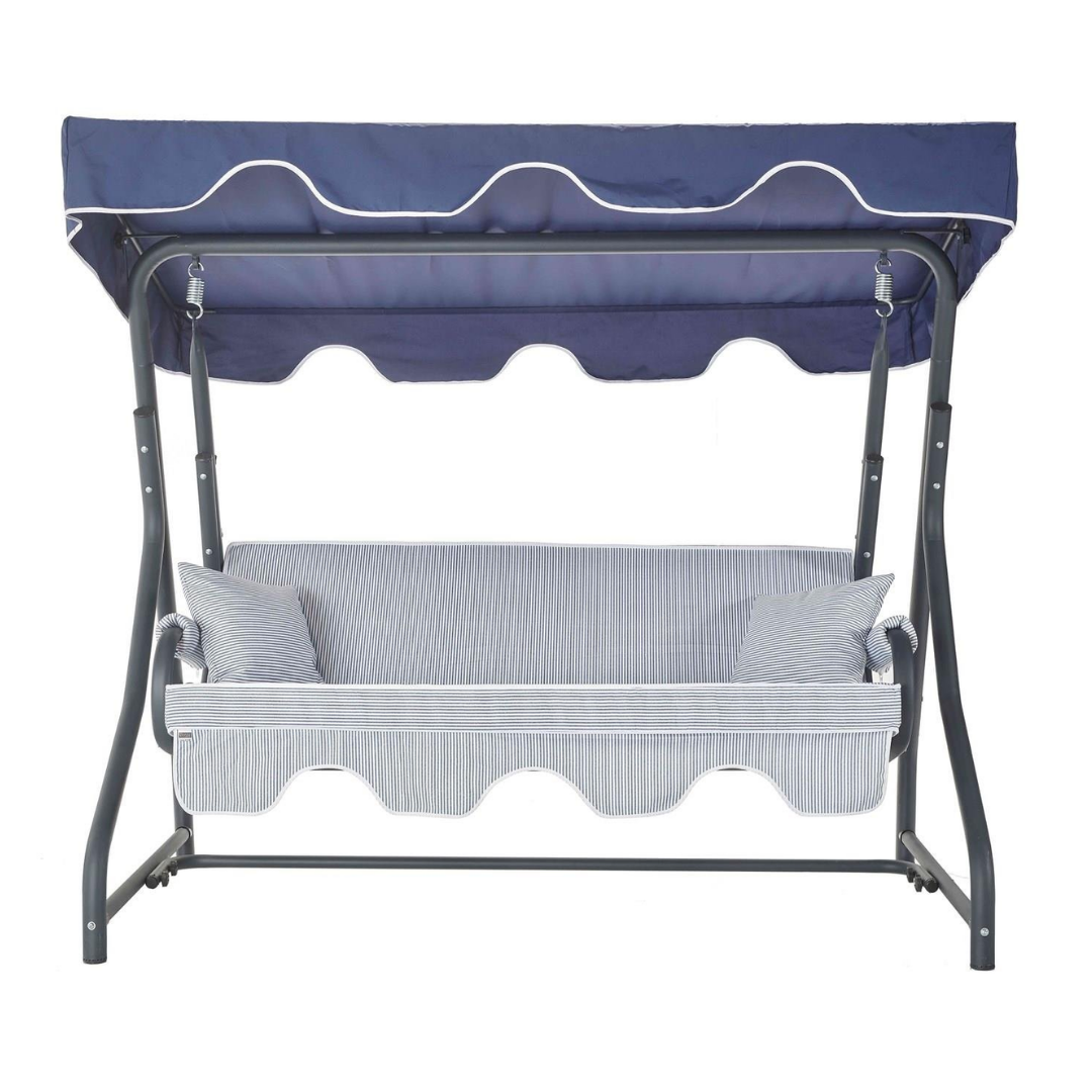 Erinöz Ruta 3 Kişilik Sabit Bahçe Balkon Salıncağı - Minder: Lacivert Çizgili Tente: Lacivert