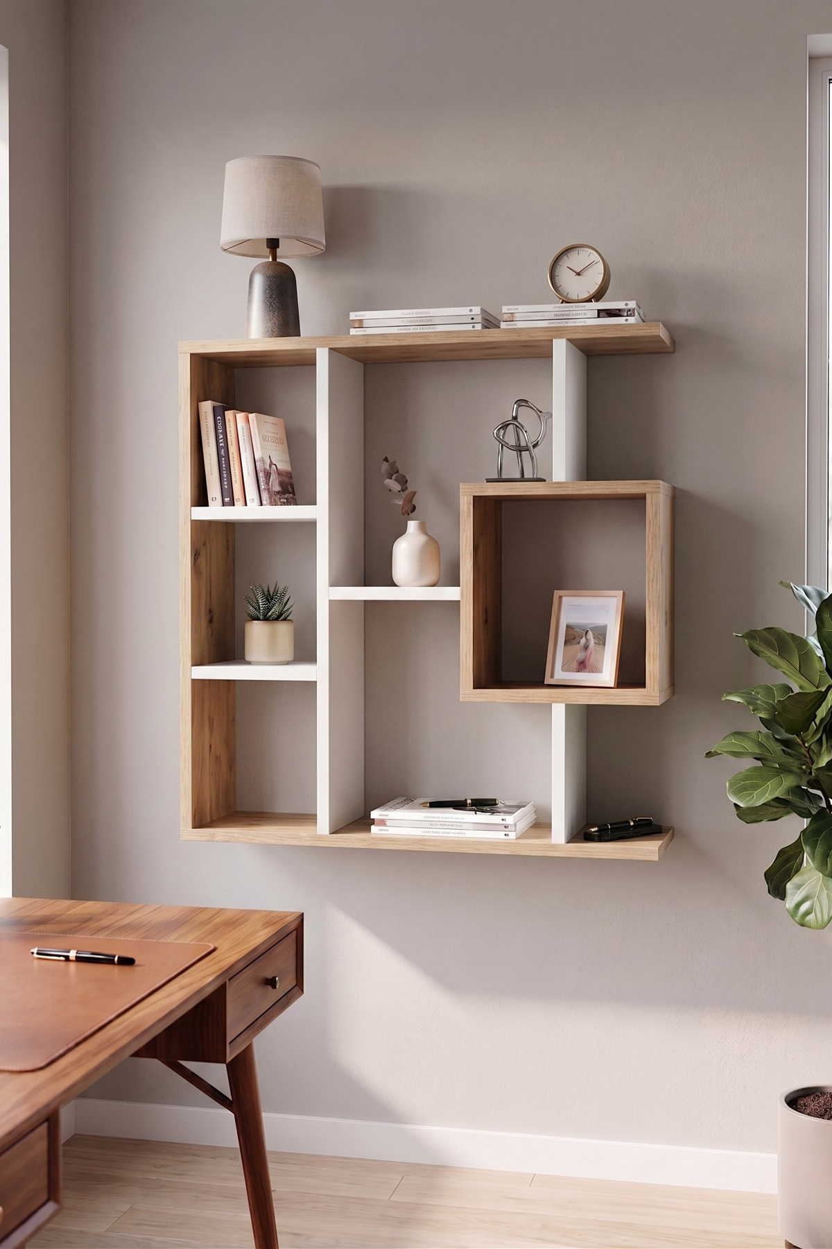 Enda Home Yegane Duvar Rafı, Duvar Kitaplığı, Dekoratif Kitaplık, Modern Kitaplık, Zeminde veya Duvarda Kullanıma Uygun Beyaz - Çam