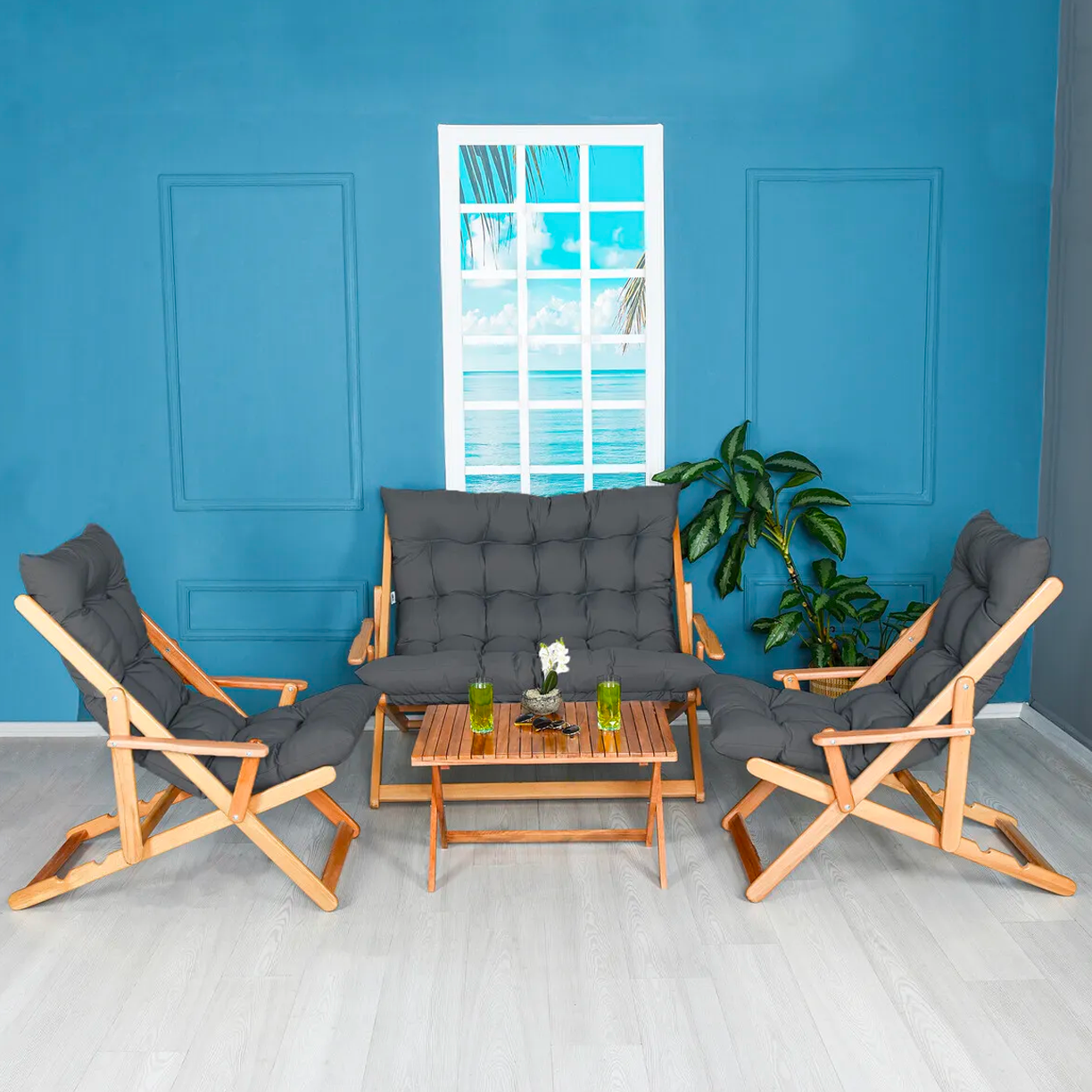 Bysay Ahşap Katlanabilir Taşinir Puf Minderli Kollu Şezlong Plaj Bahçe Teras Balkon Sandalyesi Koltuğu Takimi 4 Lü Set Antrasit