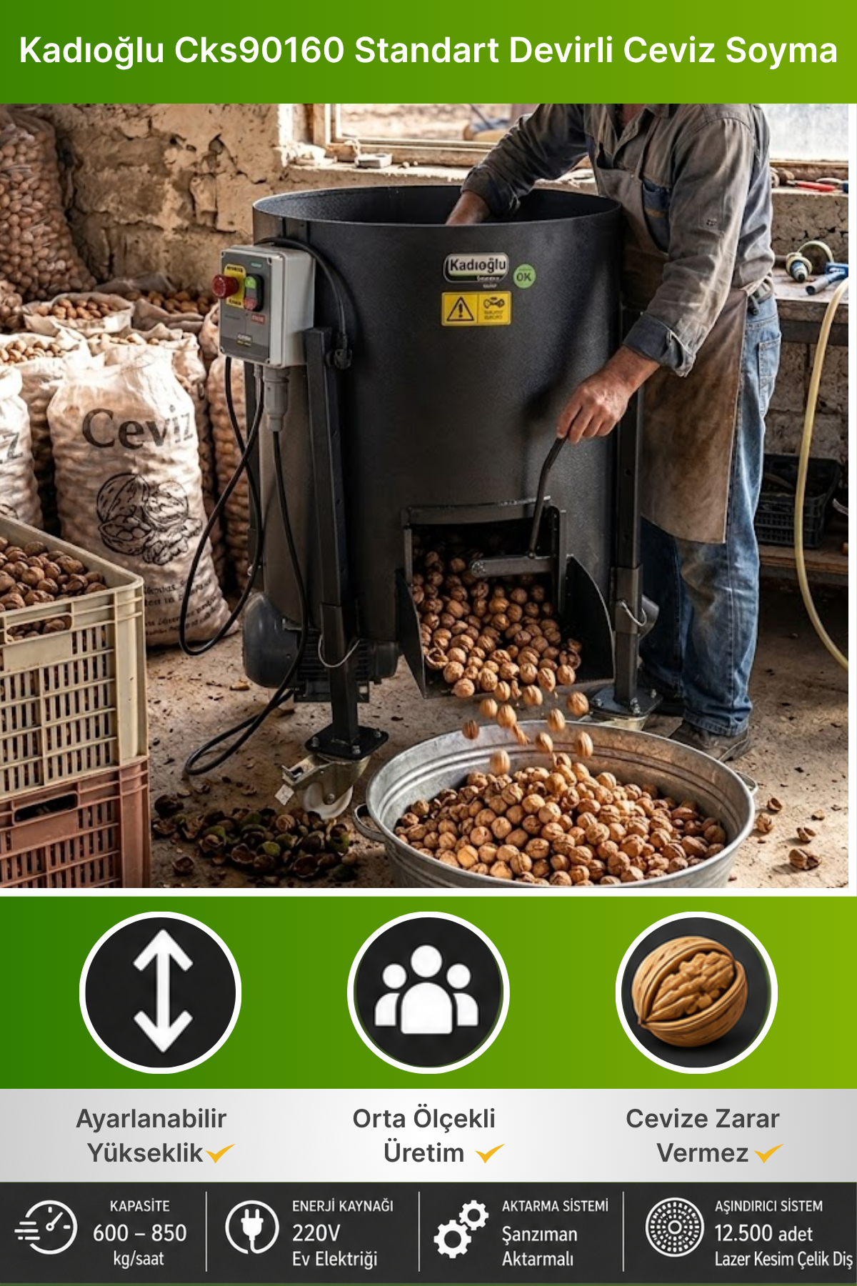 Kadıoğlu Cks90160 Standart Devirli Ceviz Soyma Makinası 170 Litre